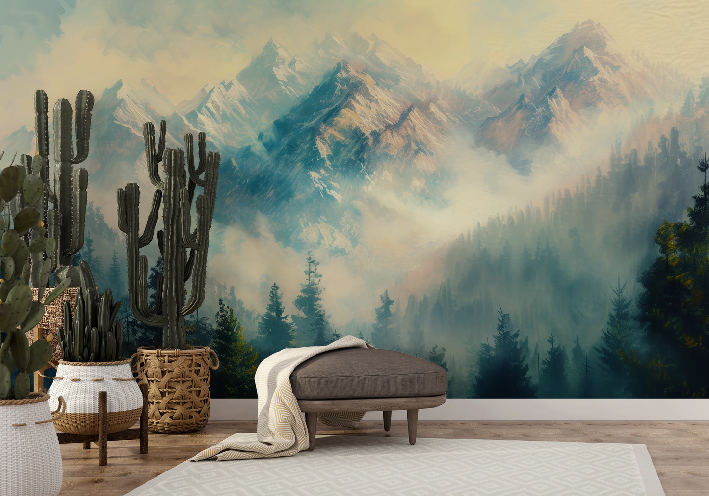 Wzór fototapety artystycznej o nazwie Misty Forest Peaks pokazanej w aranżacji wnętrza.