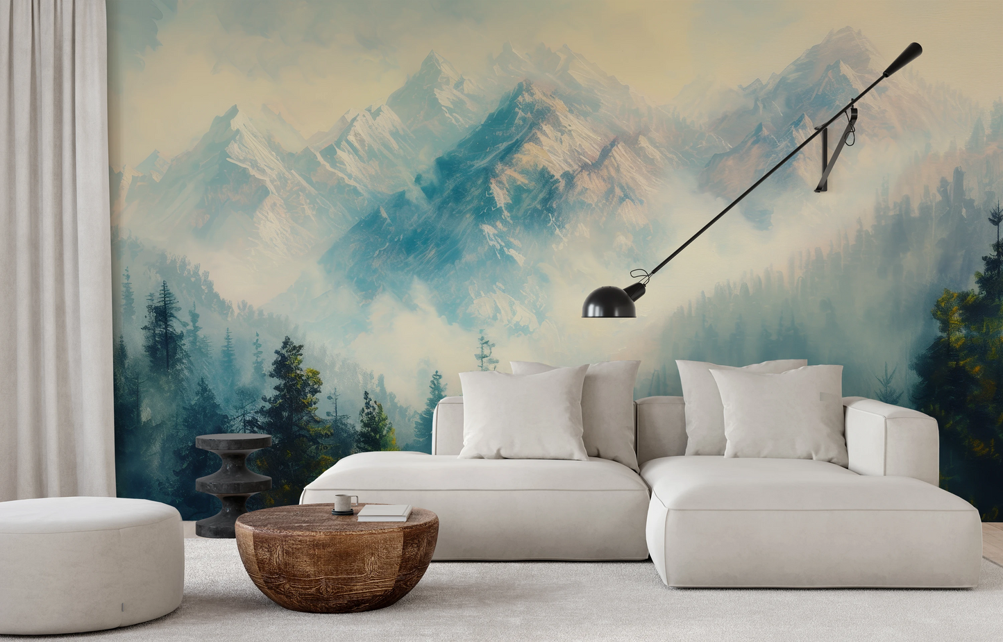 Fototapeta artystyczna o nazwie Misty Forest Peaks pokazana w aranżacji wnętrza.