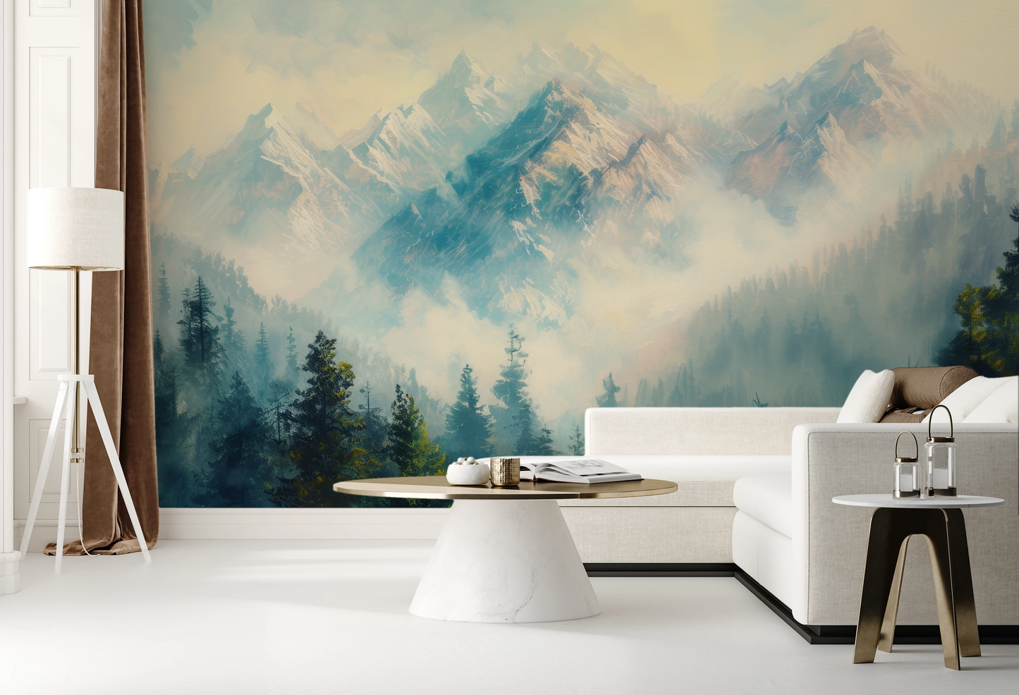 Fototapeta malowana o nazwie Misty Forest Peaks pokazana w aranżacji wnętrza.