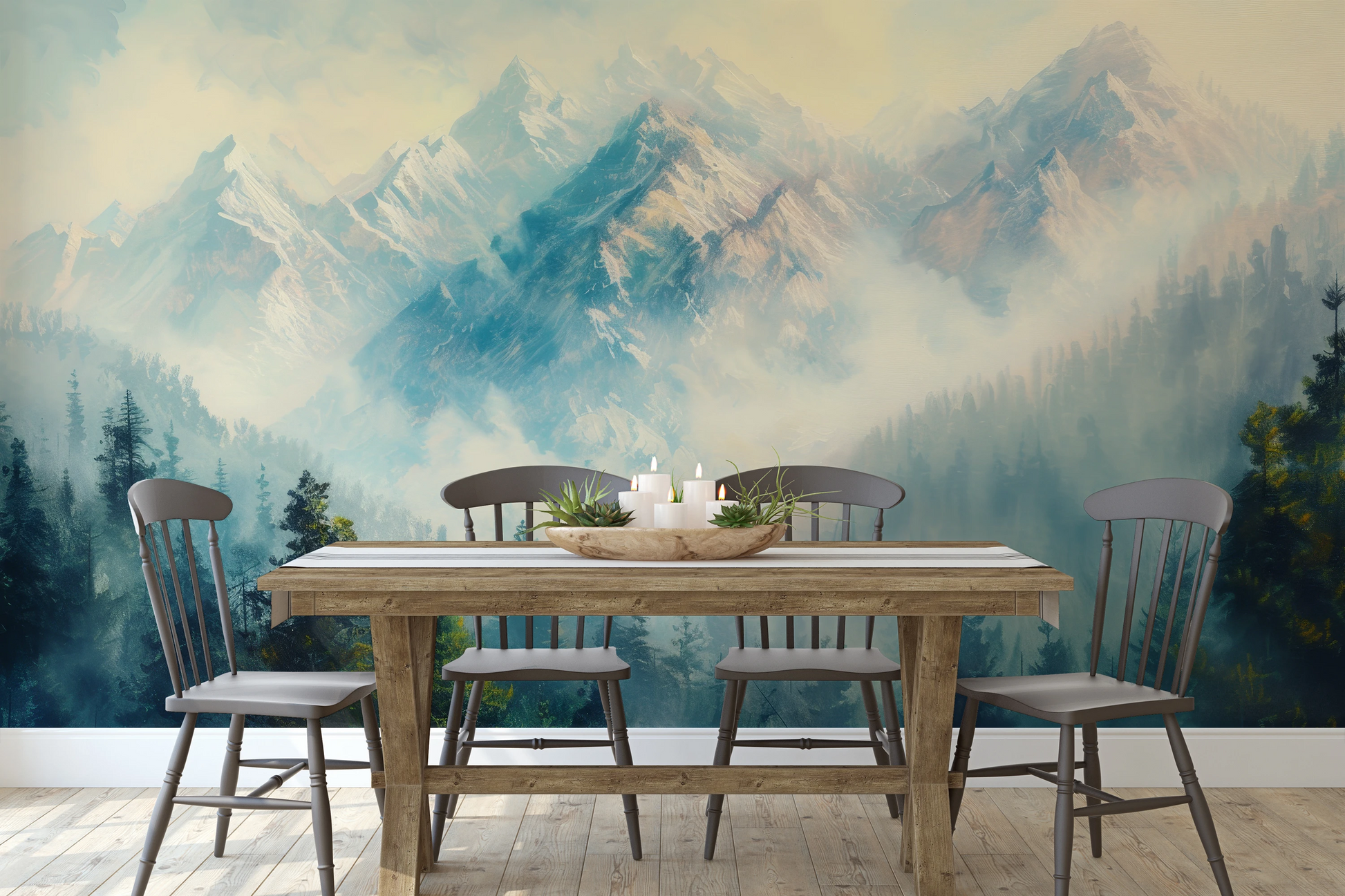 Wzór fototapety o nazwie Misty Forest Peaks pokazanej w kontekście pomieszczenia.