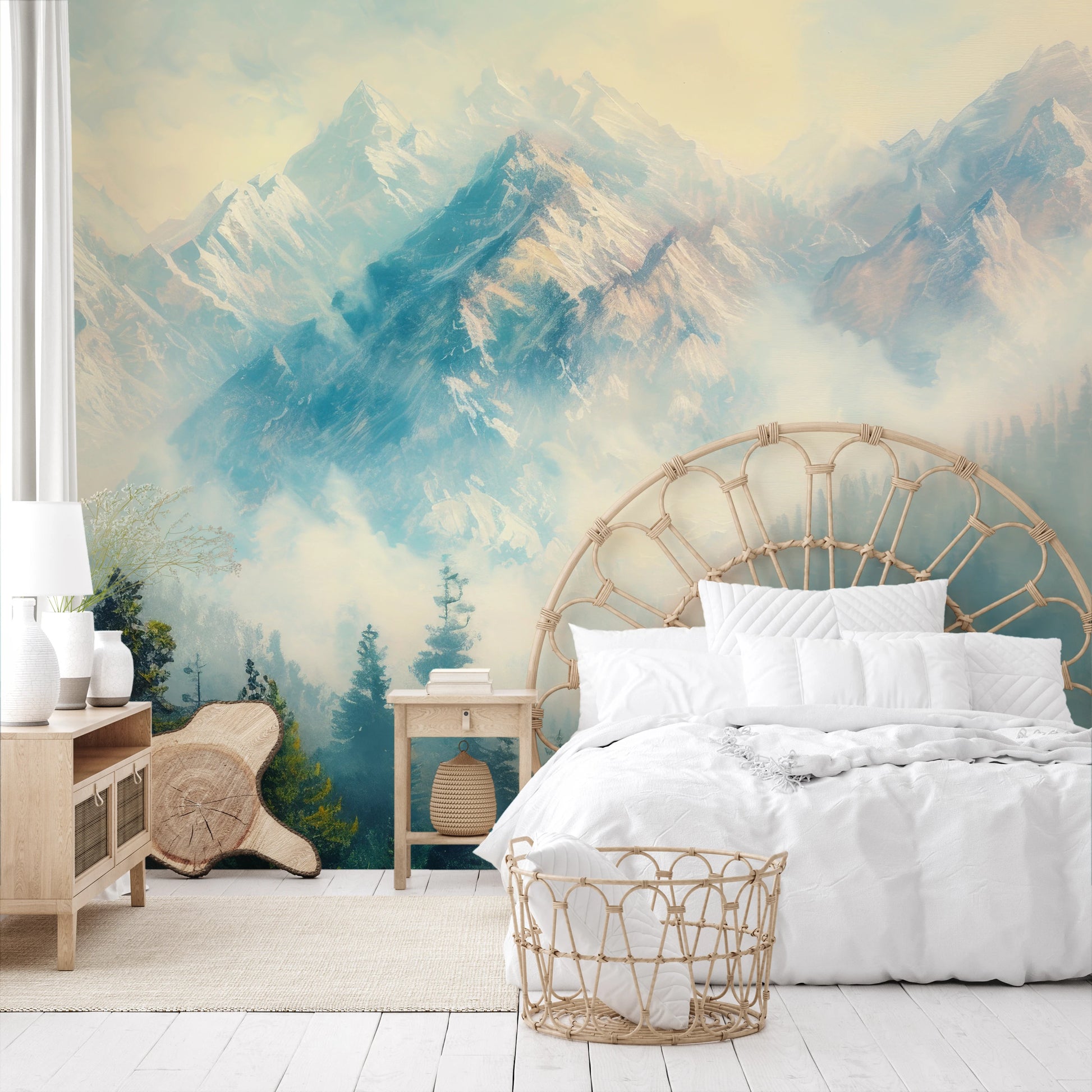 Wzór fototapety malowanej o nazwie Misty Forest Peaks pokazanej w aranżacji wnętrza.