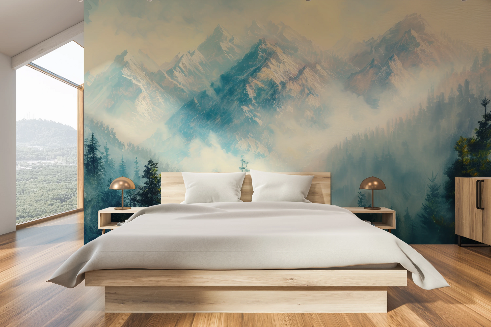 Wzór fototapety artystycznej o nazwie Misty Forest Peaks pokazanej w aranżacji wnętrza.