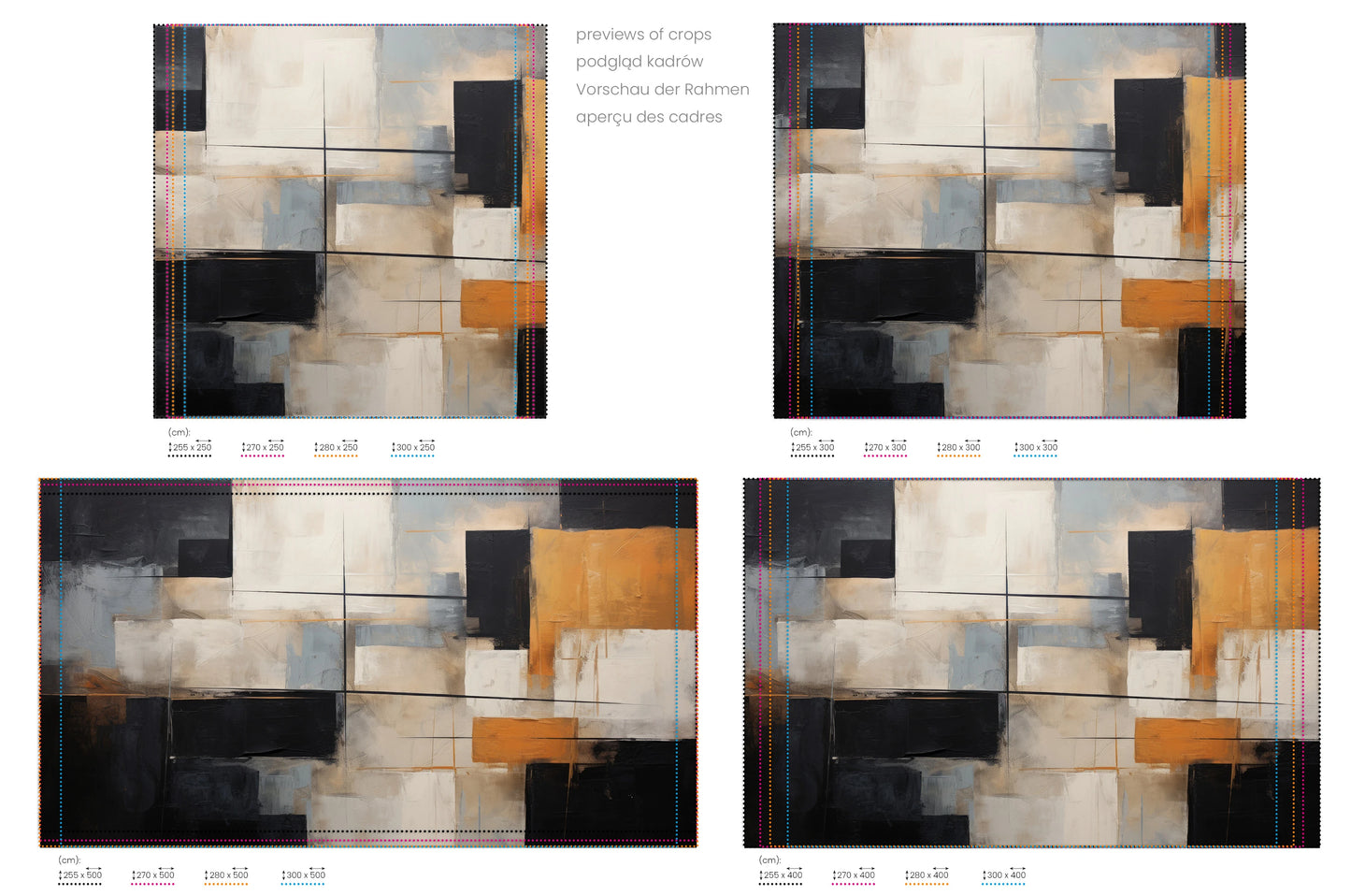 Na obrazie znajduje się prezentacja przykładowych rozmiarów fototapety o nazwie Harmonious Geometric Patchwork. Rozmiar fototapety jest dowolny.