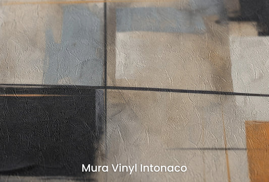 Zbliżenie na artystyczną fototapetę o nazwie Harmonious Geometric Patchwork na podłożu Mura Vinyl Intonaco - struktura tartego tynku.