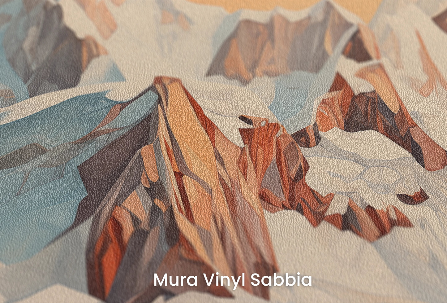 Zbliżenie na artystyczną fototapetę o nazwie Geometric Sunrise na podłożu Mura Vinyl Sabbia struktura grubego ziarna piasku.