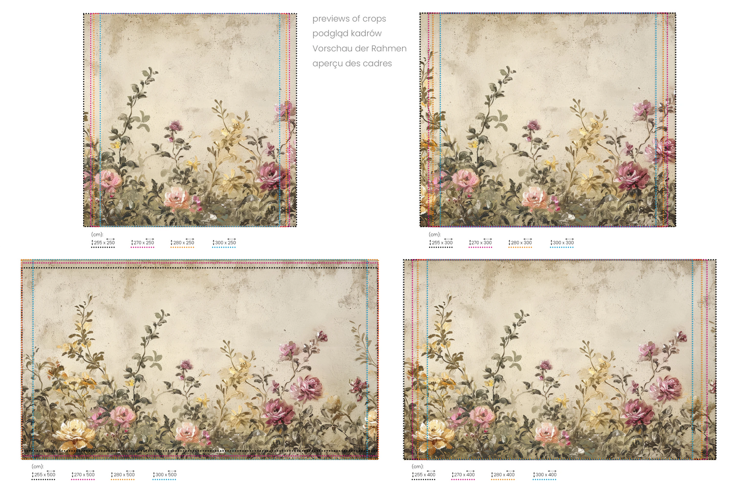 Na obrazie znajduje się prezentacja przykładowych rozmiarów fototapety o nazwie Vintage Blossom Array. Rozmiar fototapety jest dowolny.