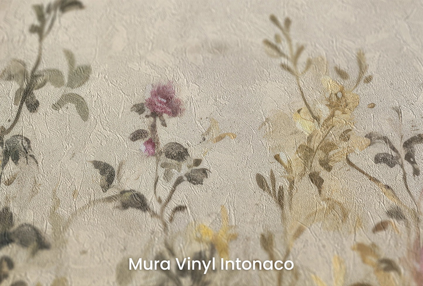 Zbliżenie na artystyczną fototapetę o nazwie Vintage Blossom Array na podłożu Mura Vinyl Intonaco - struktura tartego tynku.