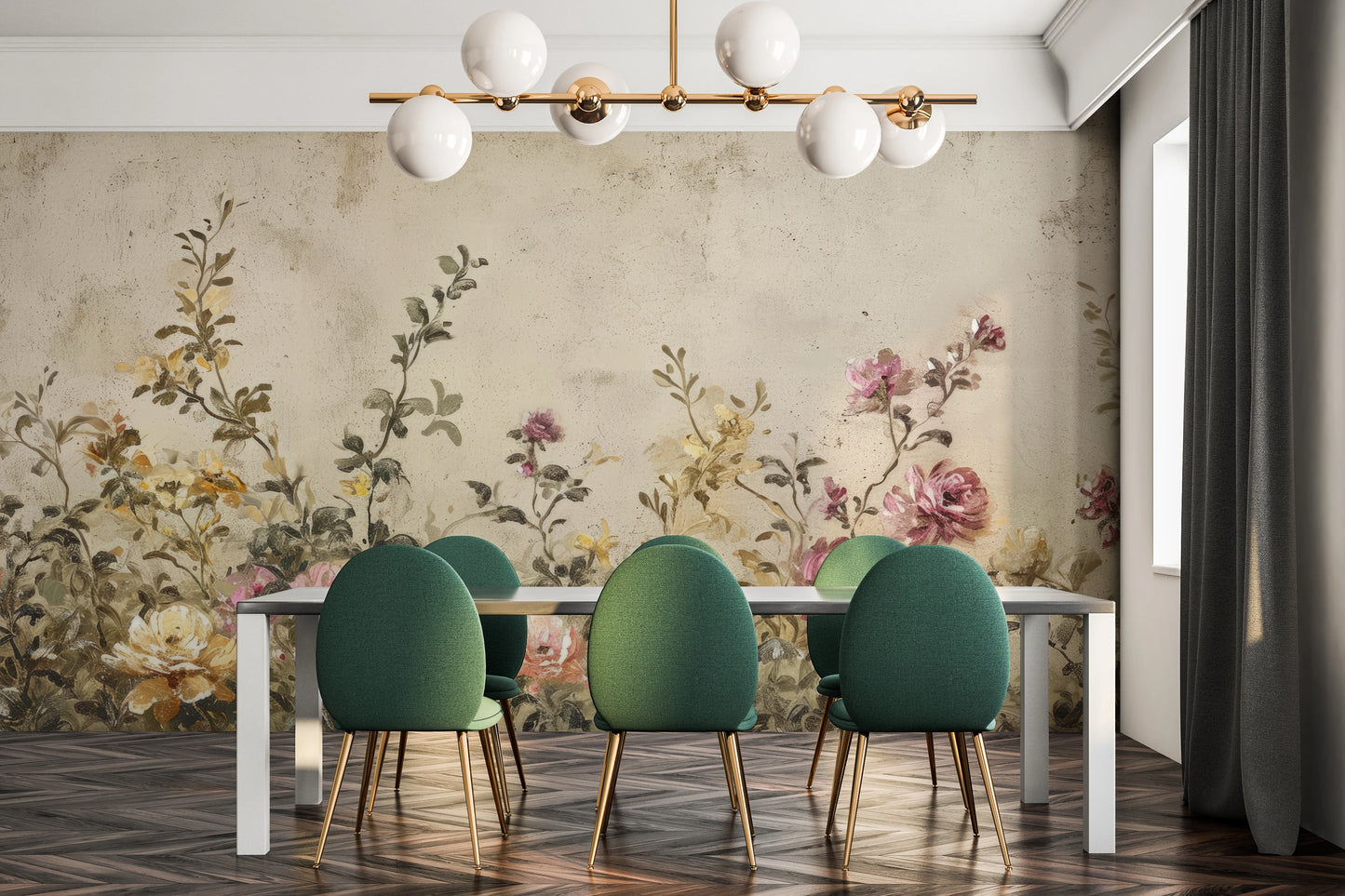 Wzór fototapety artystycznej o nazwie Vintage Blossom Array pokazanej w aranżacji wnętrza.