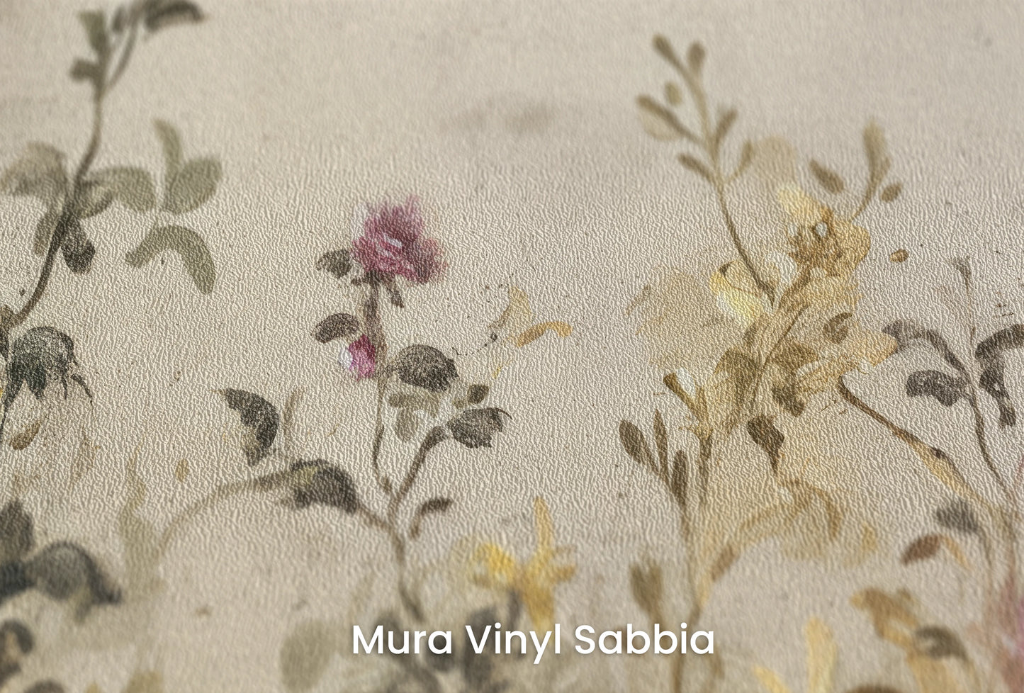 Zbliżenie na artystyczną fototapetę o nazwie Vintage Blossom Array na podłożu Mura Vinyl Sabbia struktura grubego ziarna piasku.