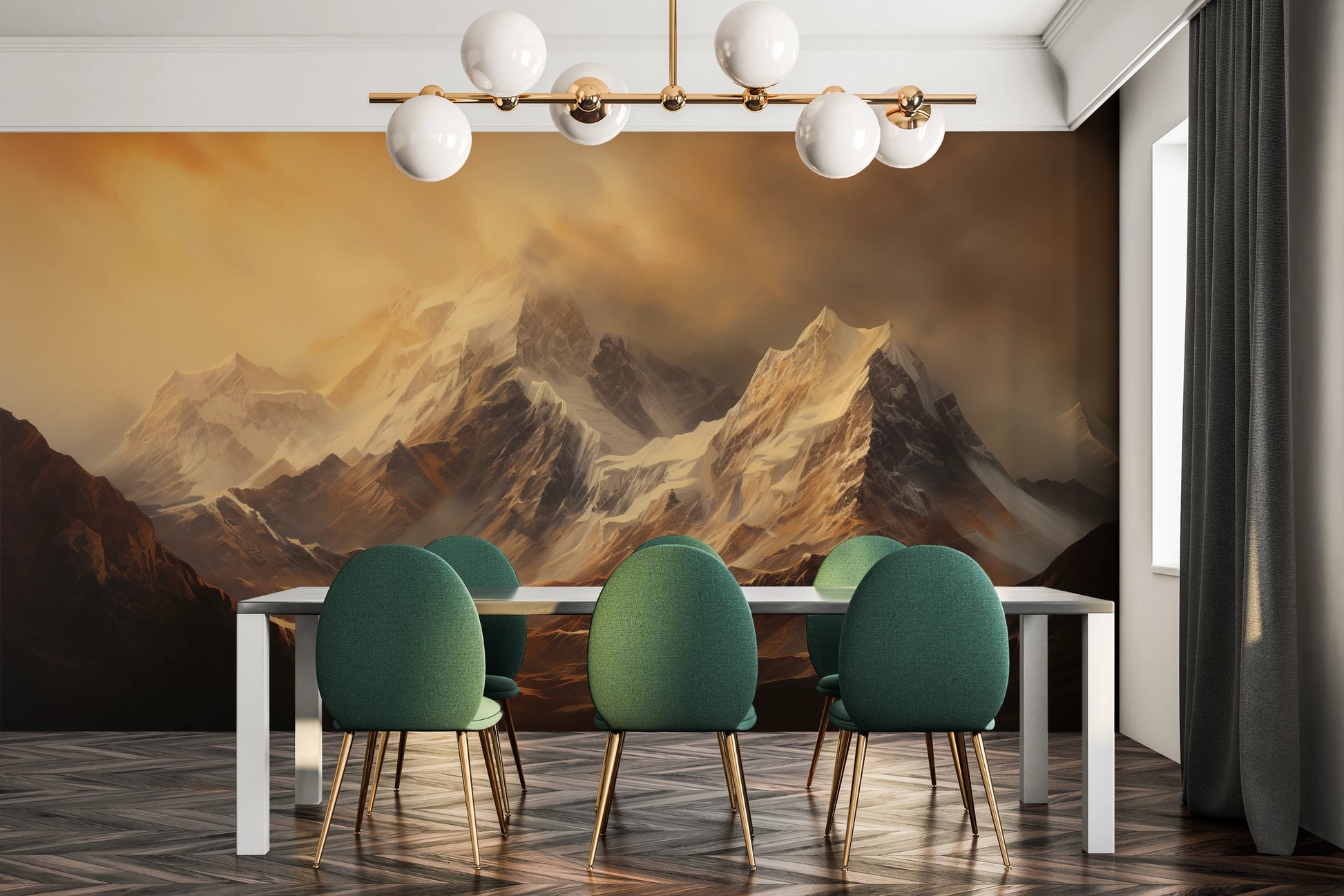 Wzór fototapety artystycznej o nazwie Golden Mountain Glow pokazanej w aranżacji wnętrza.