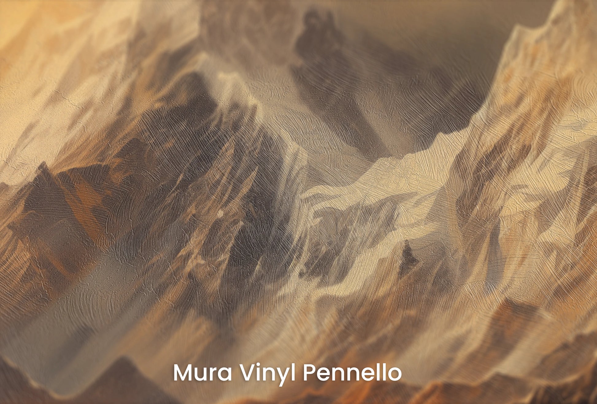 Zbliżenie na artystyczną fototapetę o nazwie Golden Mountain Glow na podłożu Mura Vinyl Pennello - faktura pociągnięć pędzla malarskiego.