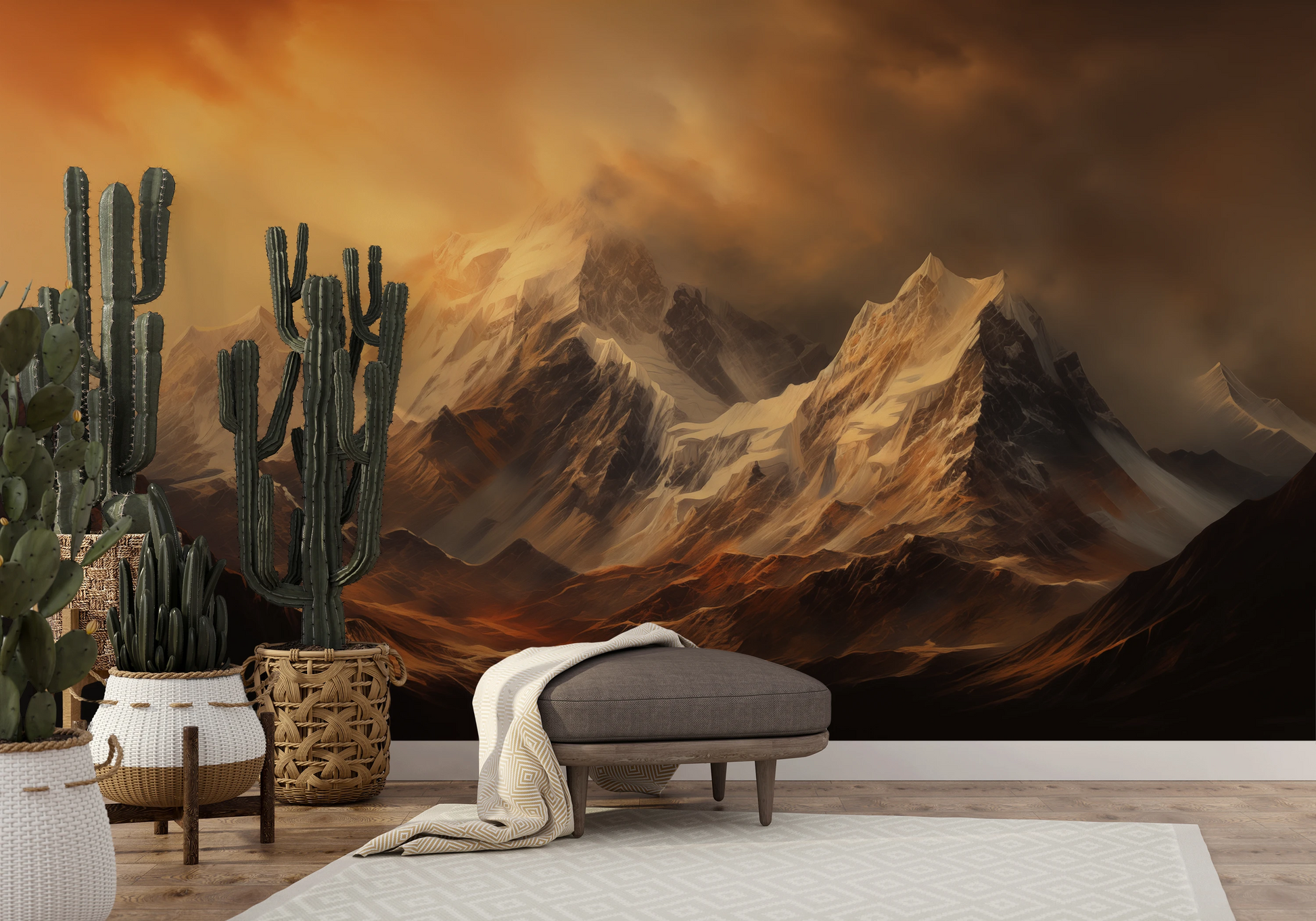 Zdjęcie prezentuje aranżację wnętrza z użyciem fototapety o nazwie Golden Mountain Glow pokazanej w aranżacji wnętrza.