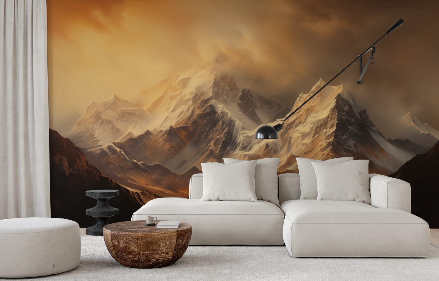 Wzór fototapety artystycznej o nazwie Golden Mountain Glow pokazanej w aranżacji wnętrza.