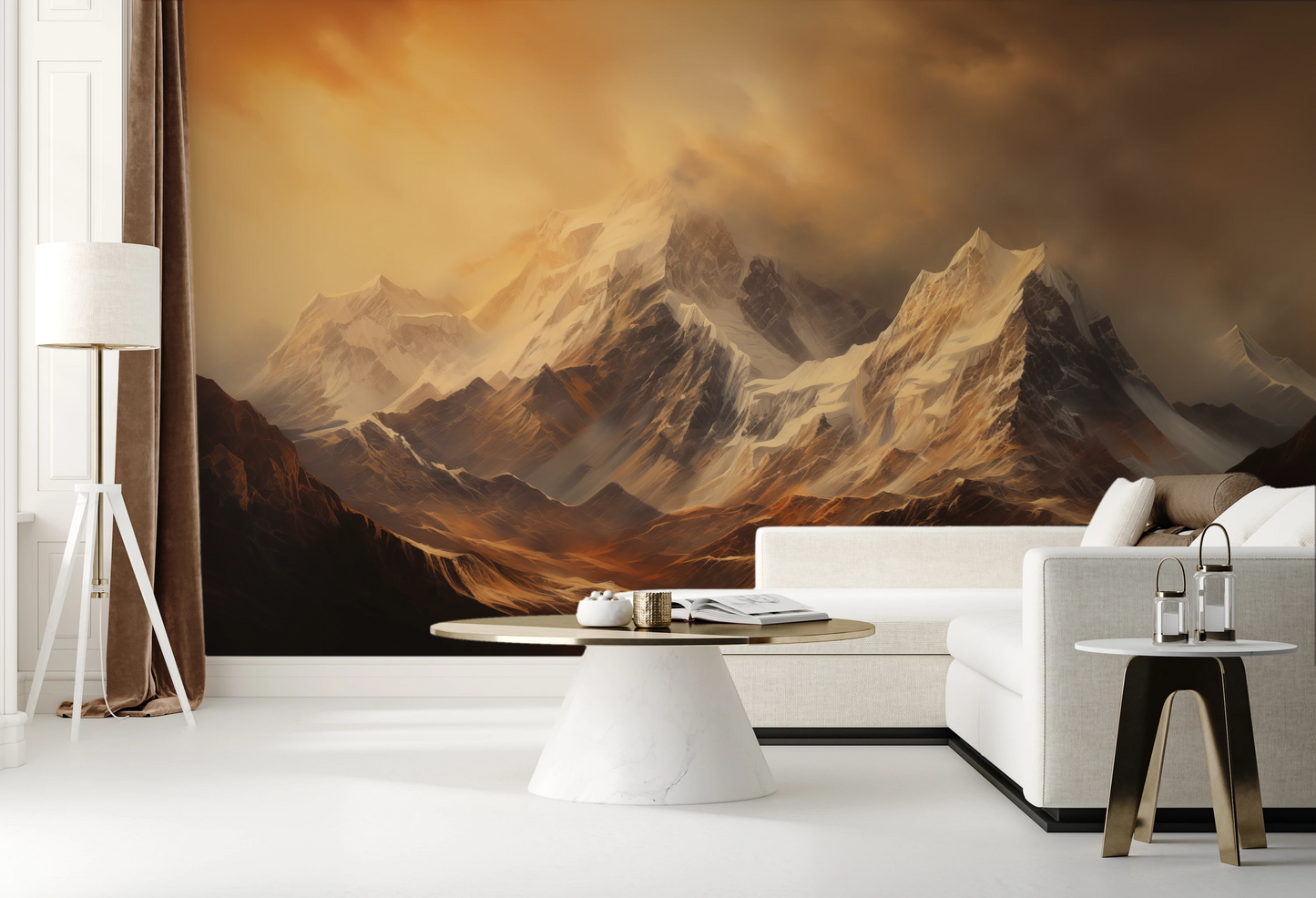 Fototapeta artystyczna o nazwie Golden Mountain Glow pokazana w aranżacji wnętrza.