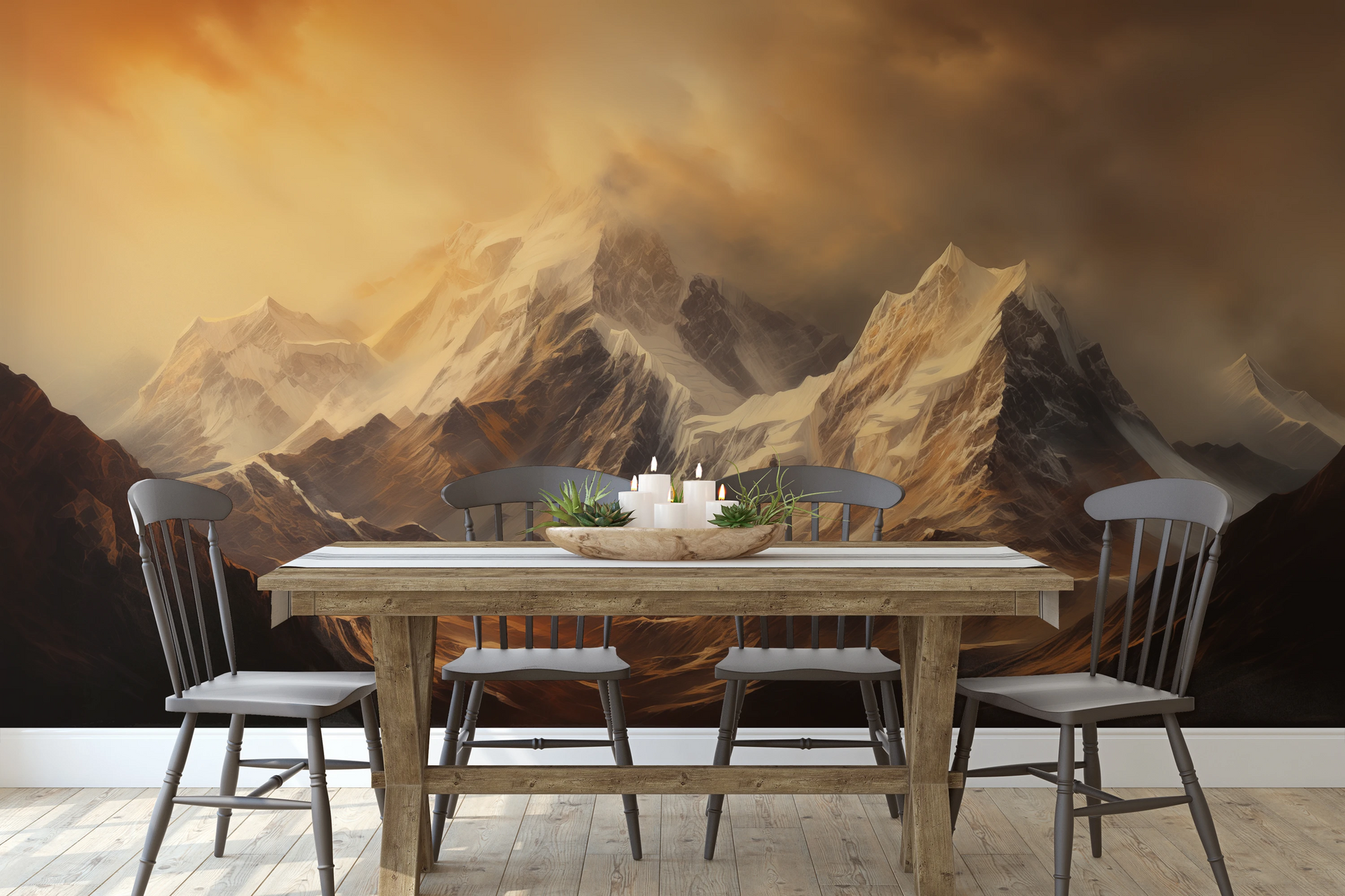 Fototapeta malowana o nazwie Golden Mountain Glow pokazana w aranżacji wnętrza.
