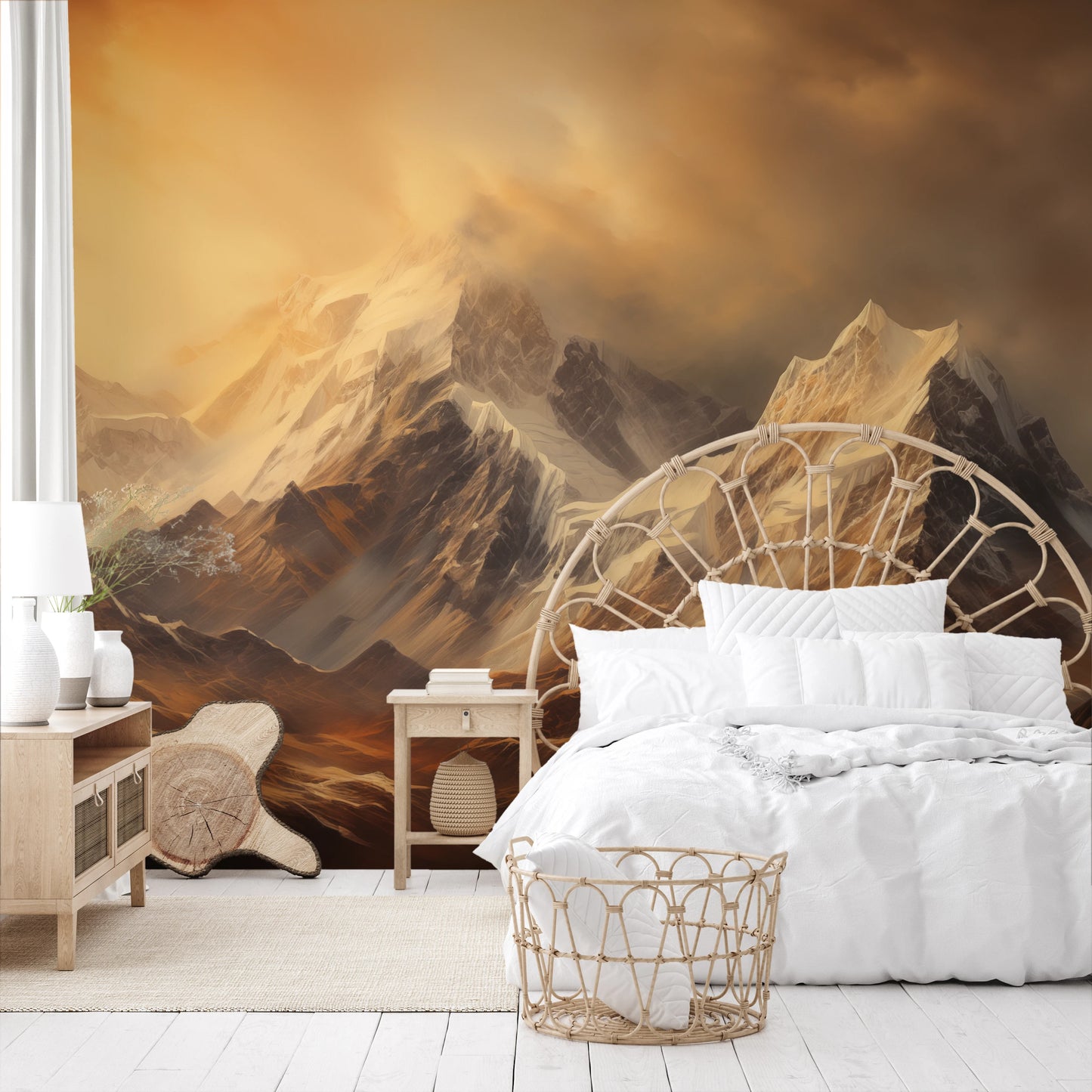 Wzór fototapety malowanej o nazwie Golden Mountain Glow pokazanej w aranżacji wnętrza.