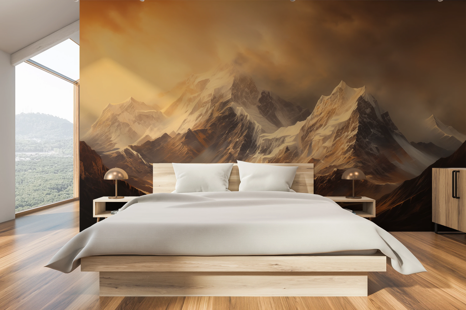 Wzór fototapety o nazwie Golden Mountain Glow pokazanej w kontekście pomieszczenia.