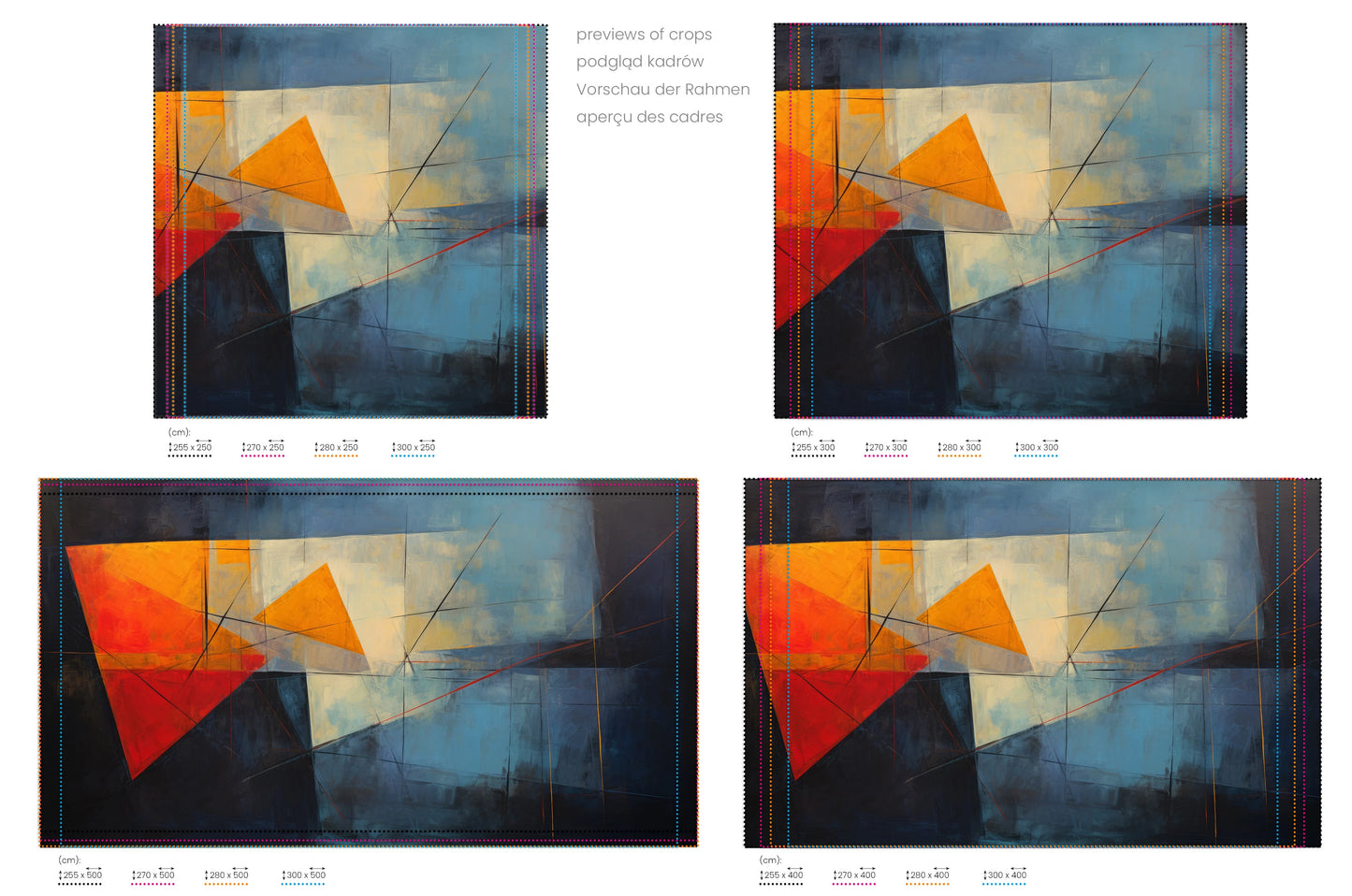 Na obrazie znajduje się prezentacja przykładowych rozmiarów fototapety o nazwie Geometric Sunrise #2. Rozmiar fototapety jest dowolny.