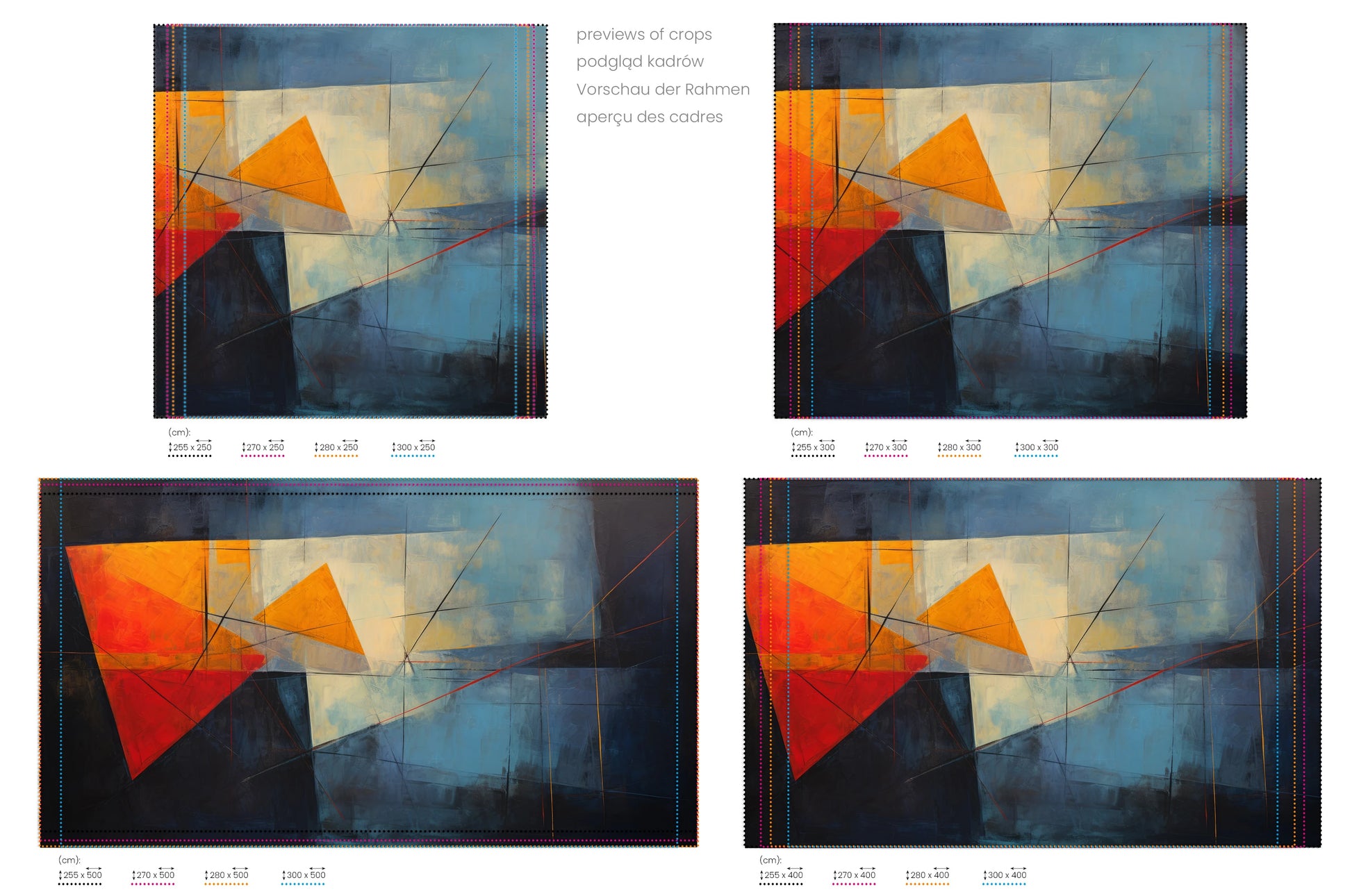 Na obrazie znajduje się prezentacja przykładowych rozmiarów fototapety o nazwie Geometric Sunrise #2. Rozmiar fototapety jest dowolny.