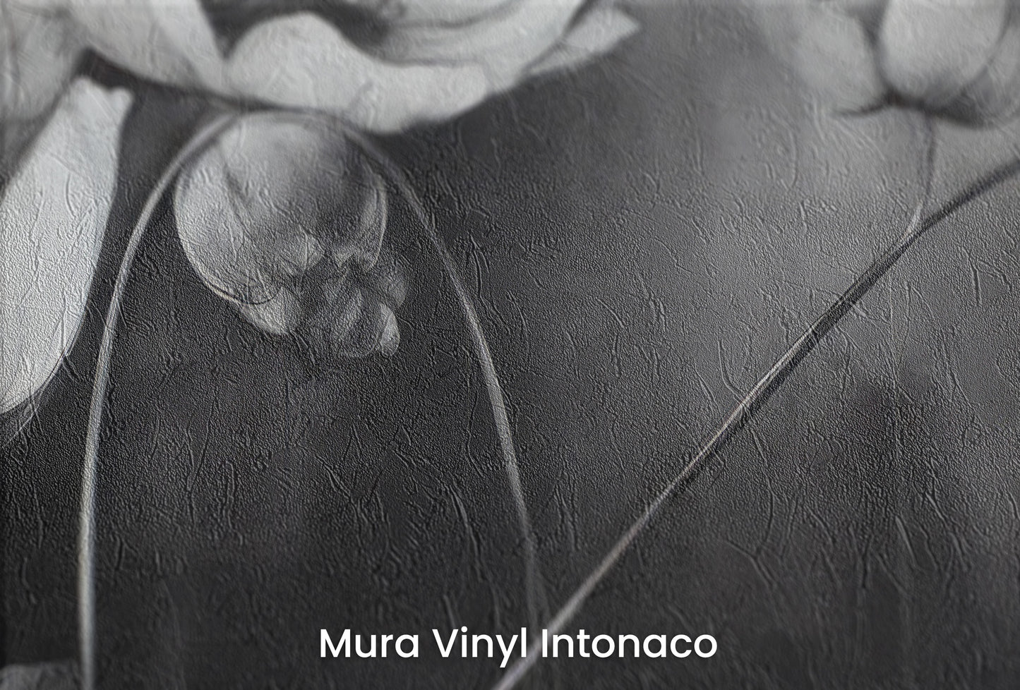 Zbliżenie na artystyczną fototapetę o nazwie SILVER PETALS DANCE na podłożu Mura Vinyl Intonaco - struktura tartego tynku.