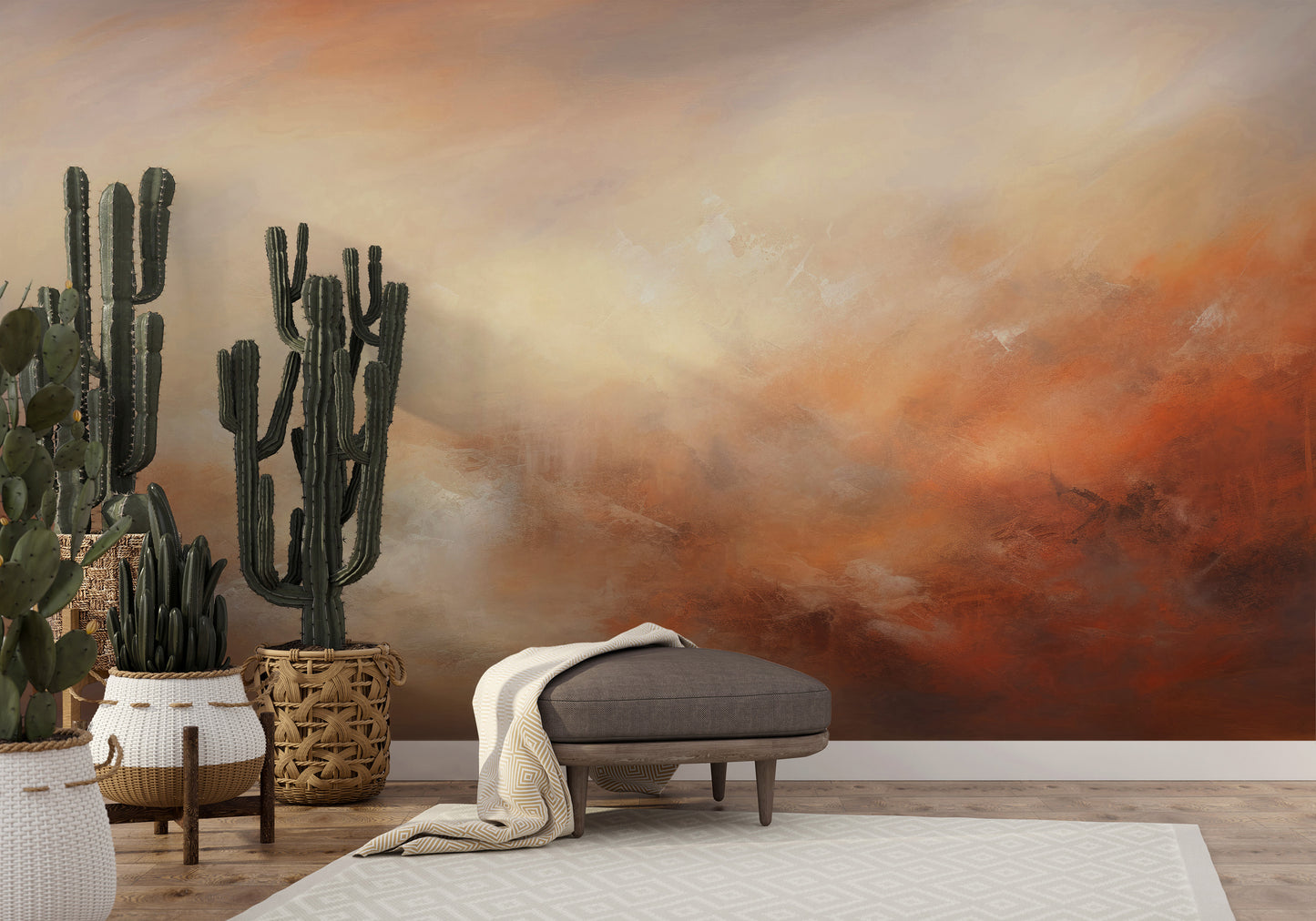 Wzór fototapety artystycznej o nazwie DUSK RADIANCE ABSTRACT pokazanej w aranżacji wnętrza.