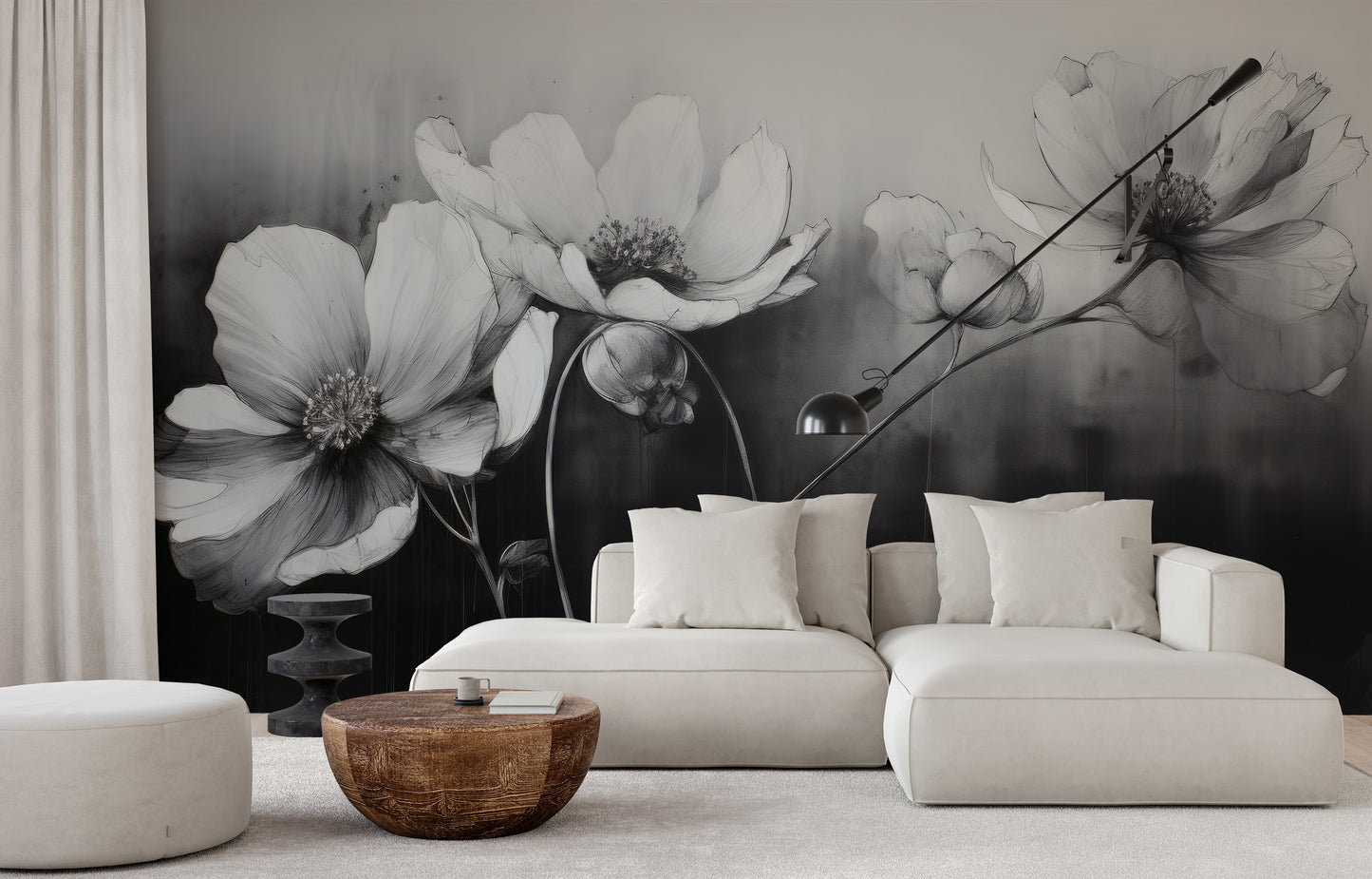 Wzór fototapety o nazwie SILVER PETALS DANCE pokazanej w kontekście pomieszczenia.