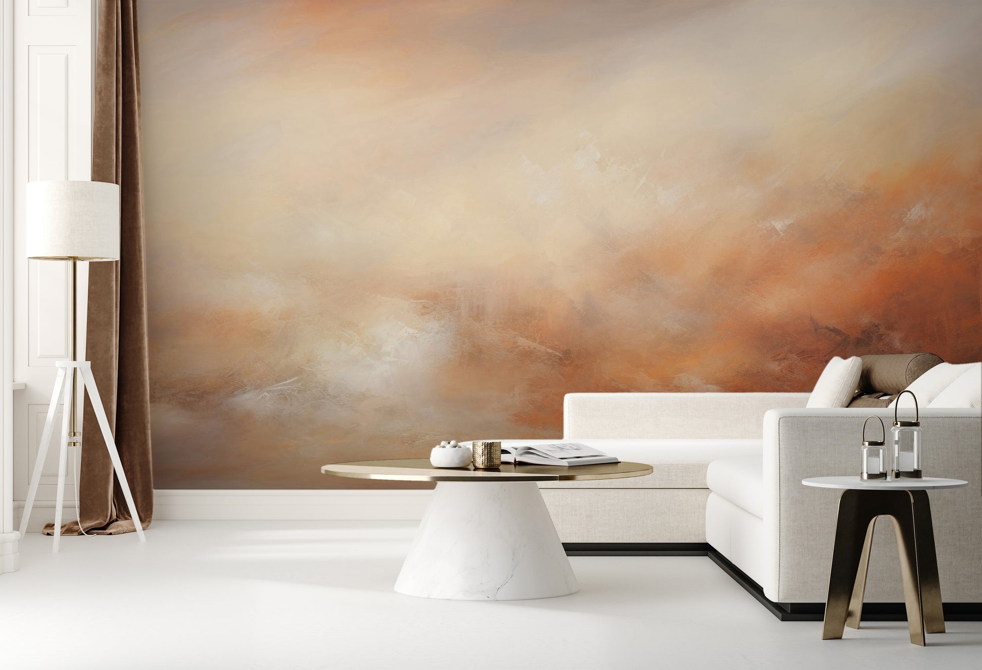 Wzór fototapety o nazwie DUSK RADIANCE ABSTRACT pokazanej w kontekście pomieszczenia.