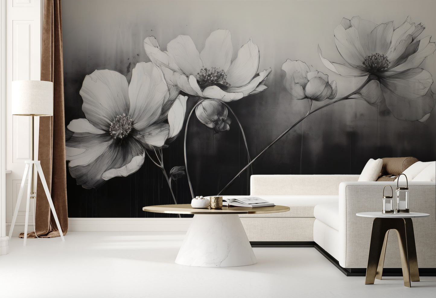Fototapeta artystyczna o nazwie SILVER PETALS DANCE pokazana w aranżacji wnętrza.