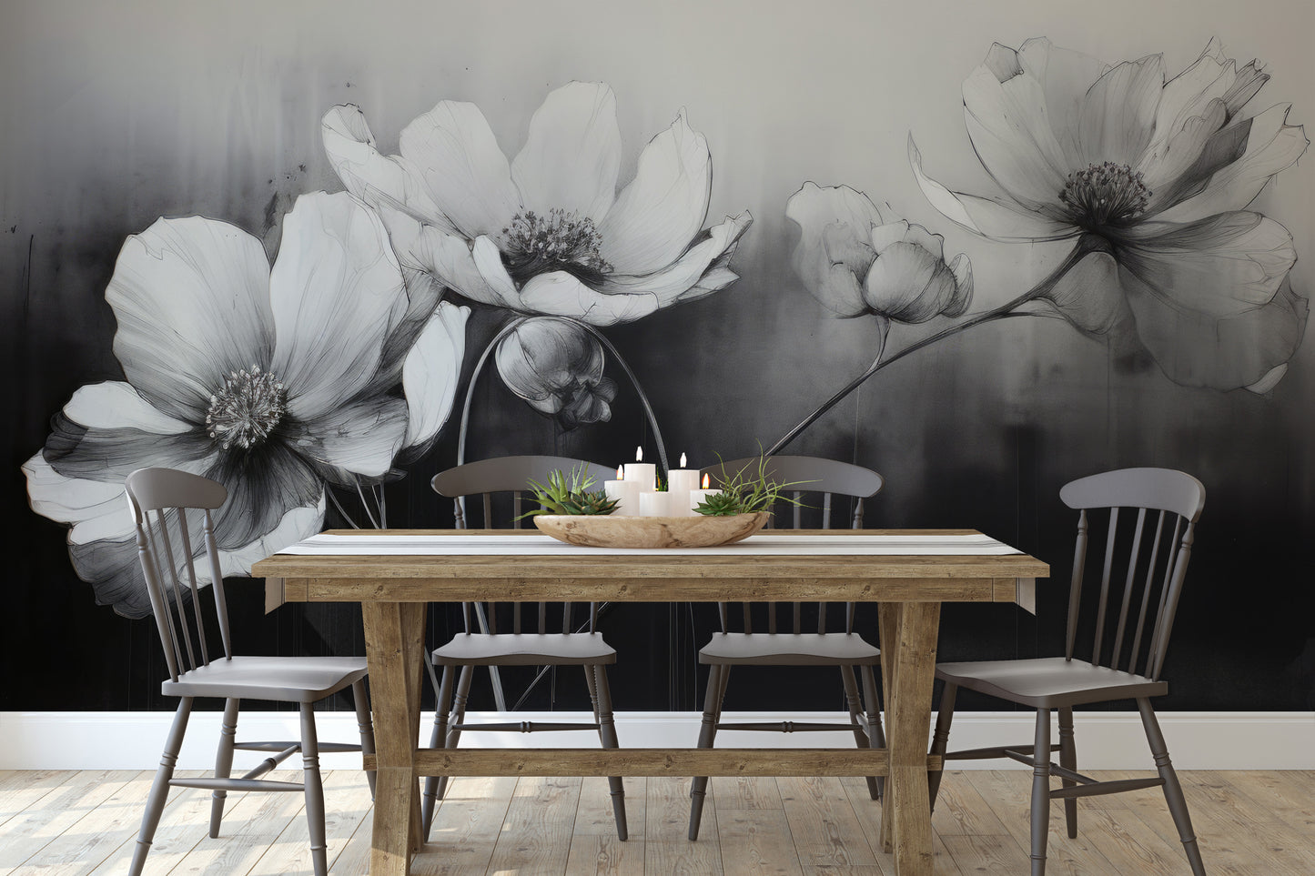 Fototapeta malowana o nazwie SILVER PETALS DANCE pokazana w aranżacji wnętrza.