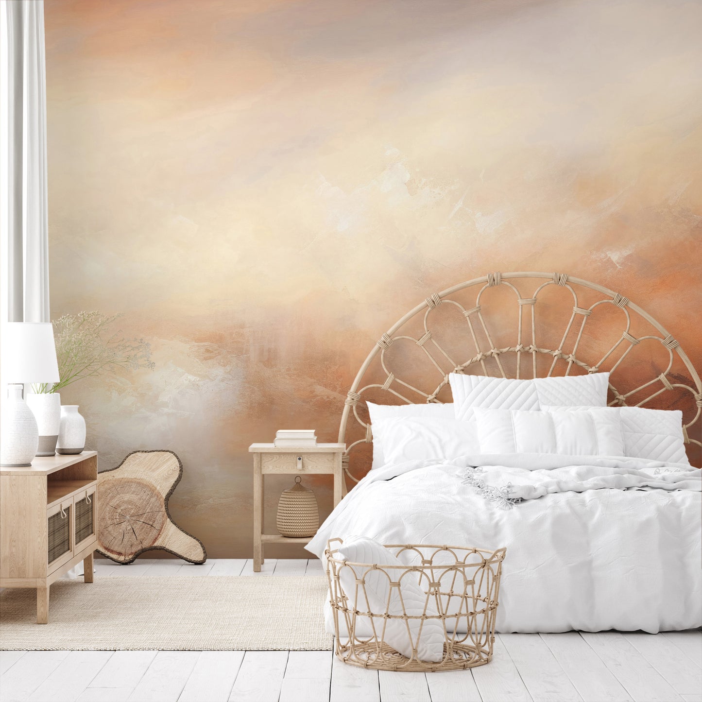 Zdjęcie prezentuje aranżację wnętrza z użyciem fototapety o nazwie DUSK RADIANCE ABSTRACT pokazanej w aranżacji wnętrza.