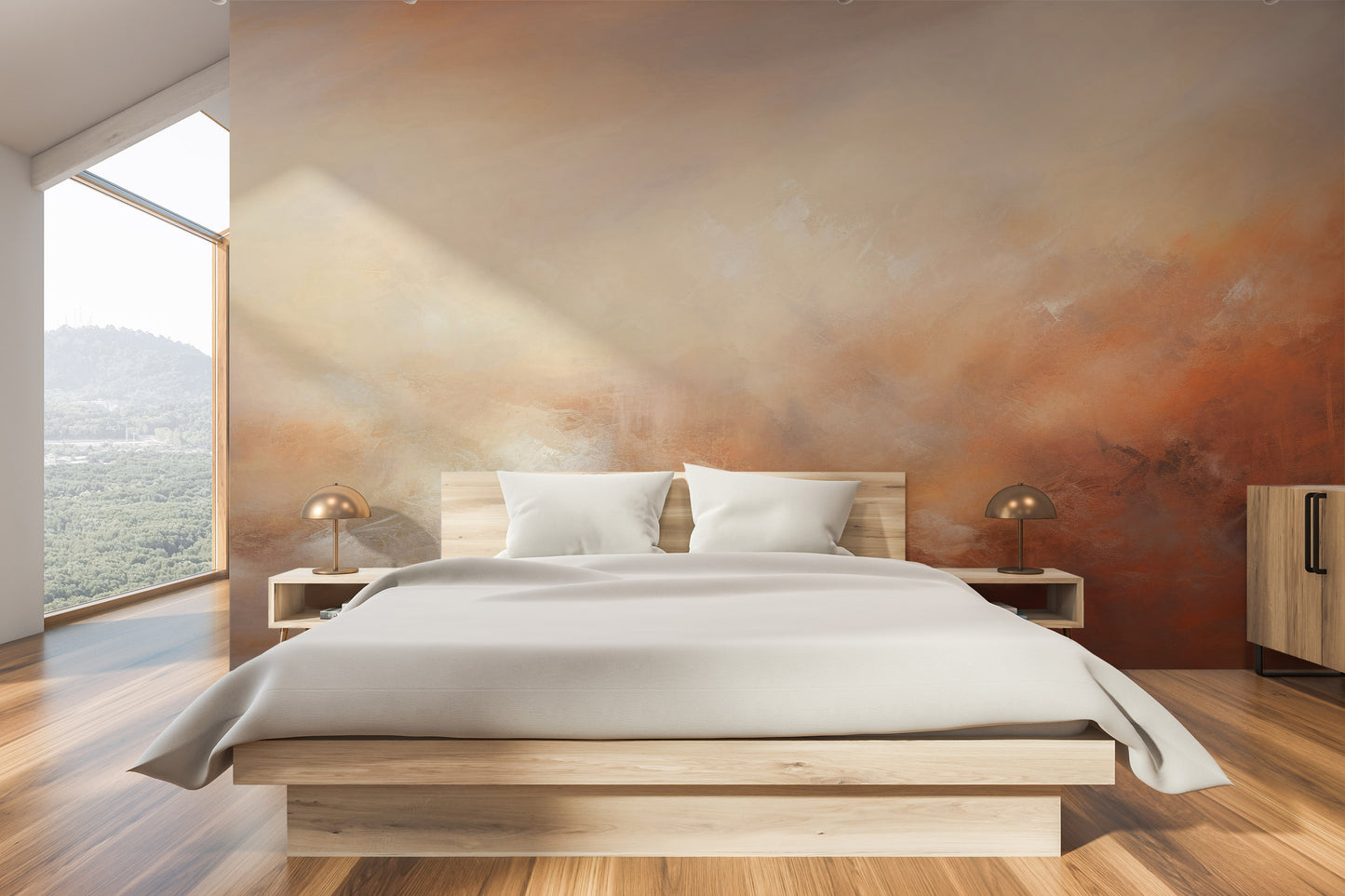 Wzór fototapety malowanej o nazwie DUSK RADIANCE ABSTRACT pokazanej w aranżacji wnętrza.