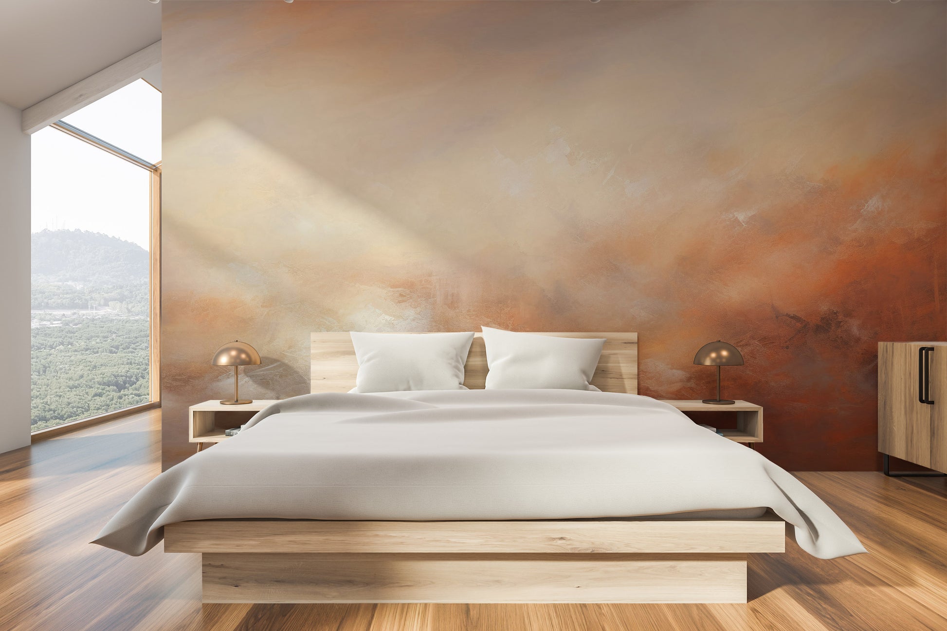 Wzór fototapety malowanej o nazwie DUSK RADIANCE ABSTRACT pokazanej w aranżacji wnętrza.