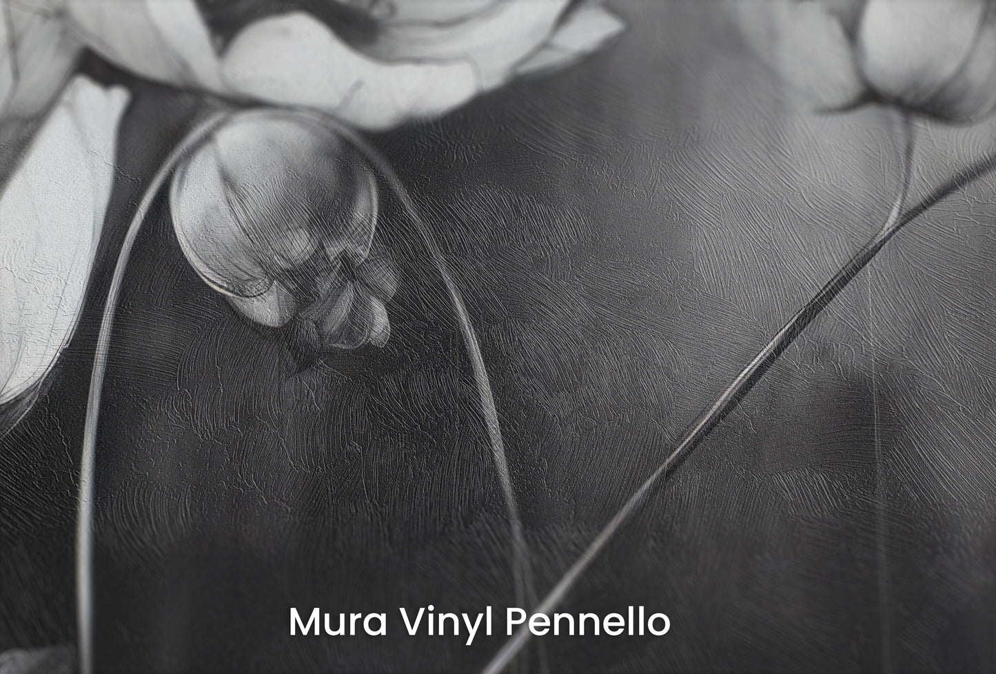 Zbliżenie na artystyczną fototapetę o nazwie SILVER PETALS DANCE na podłożu Mura Vinyl Pennello - faktura pociągnięć pędzla malarskiego.