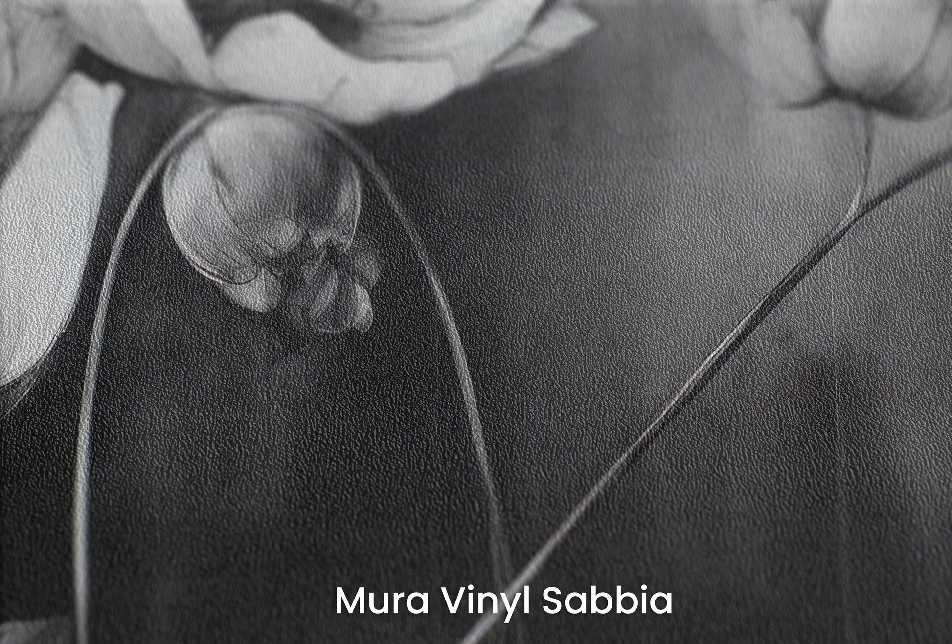 Zbliżenie na artystyczną fototapetę o nazwie SILVER PETALS DANCE na podłożu Mura Vinyl Sabbia struktura grubego ziarna piasku.