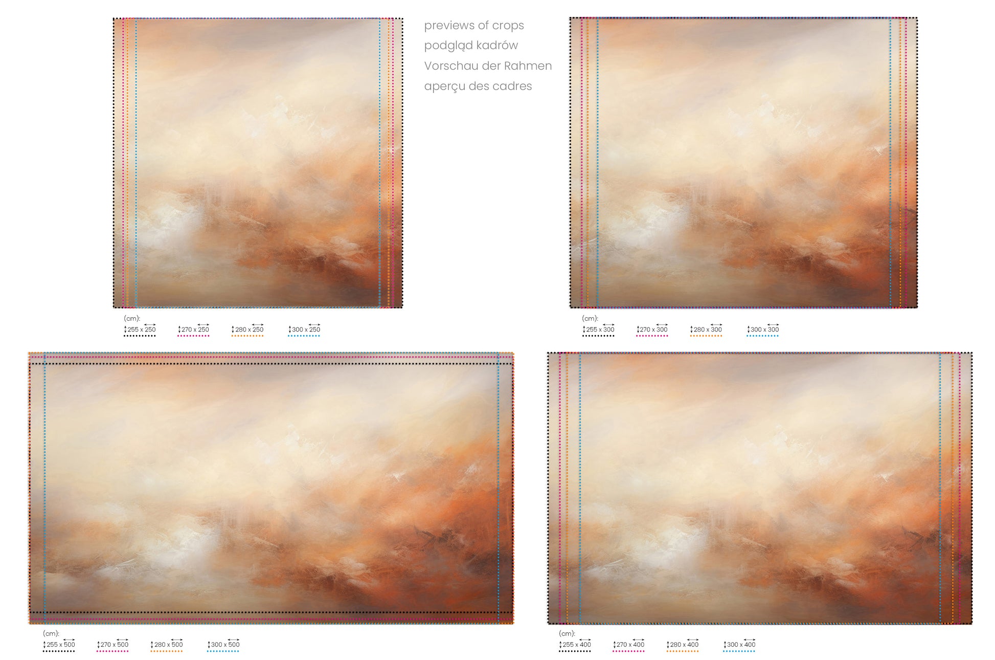 Na obrazie znajduje się prezentacja przykładowych rozmiarów fototapety o nazwie DUSK RADIANCE ABSTRACT. Rozmiar fototapety jest dowolny.