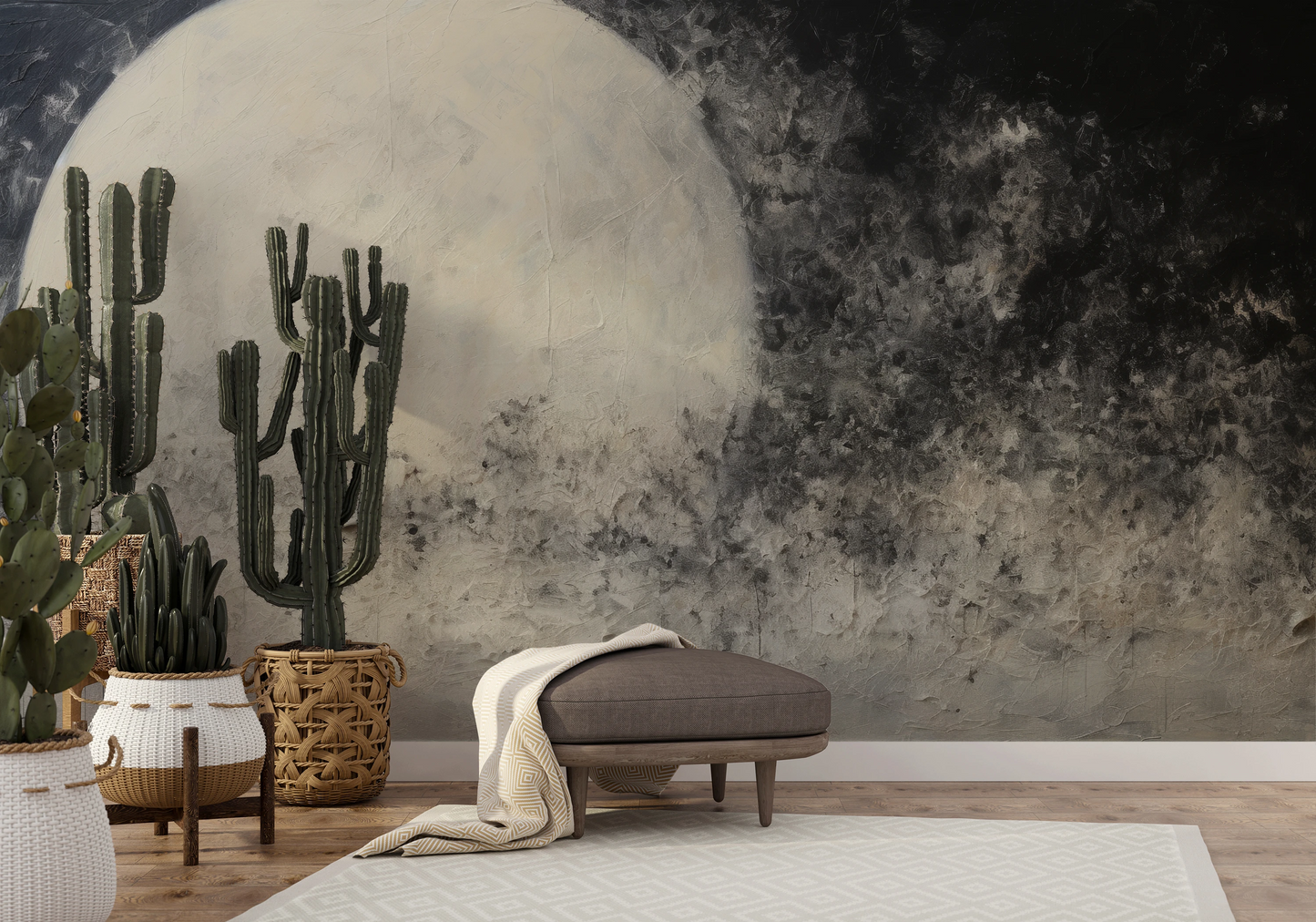 Wzór fototapety malowanej o nazwie Full Moon Calm pokazanej w aranżacji wnętrza.