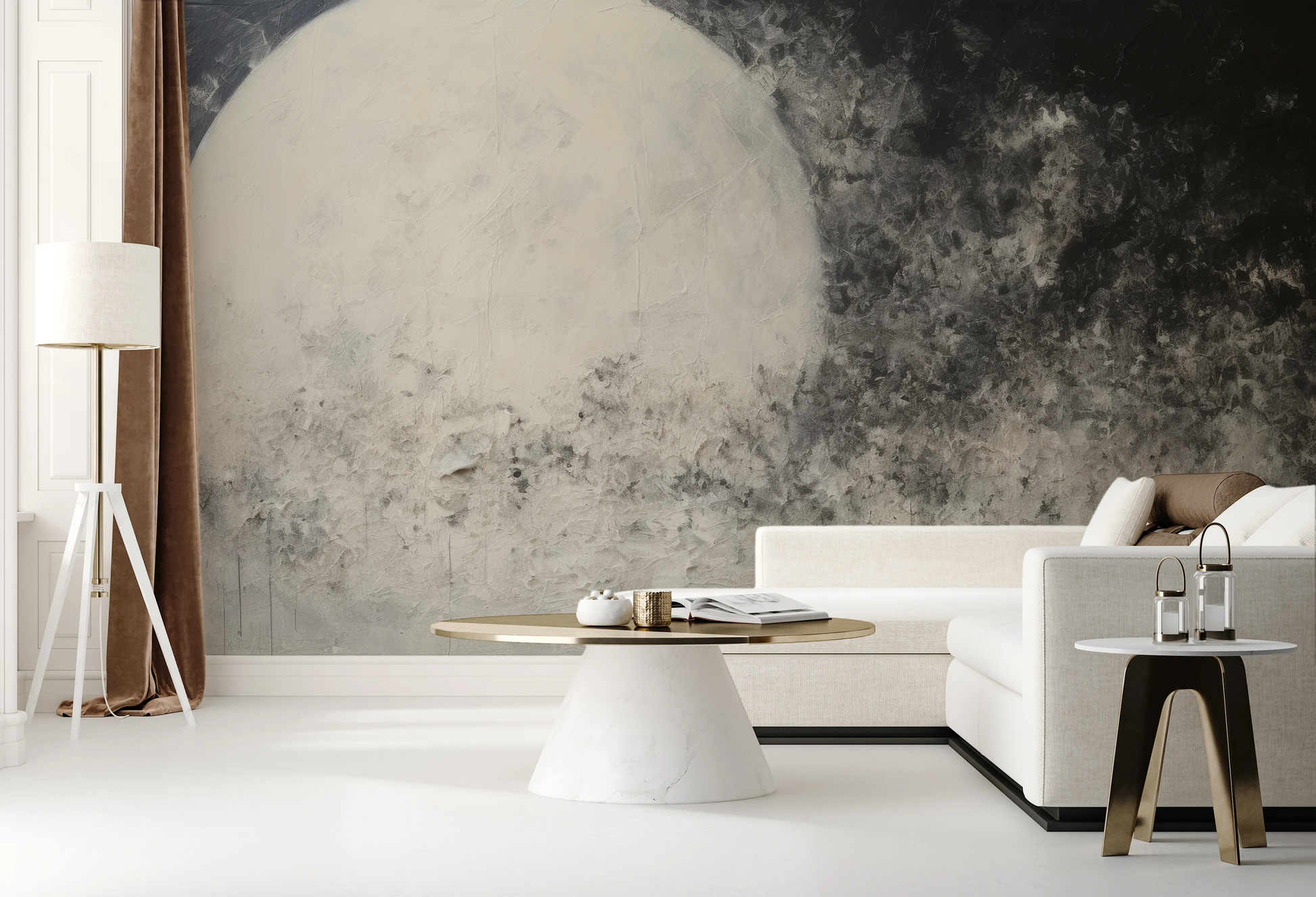 Zdjęcie prezentuje aranżację wnętrza z użyciem fototapety o nazwie Full Moon Calm pokazanej w aranżacji wnętrza.