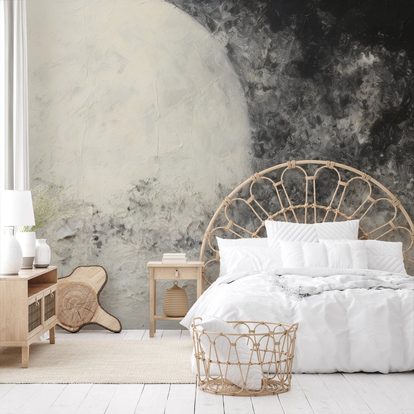 Wzór fototapety artystycznej o nazwie Full Moon Calm pokazanej w aranżacji wnętrza.