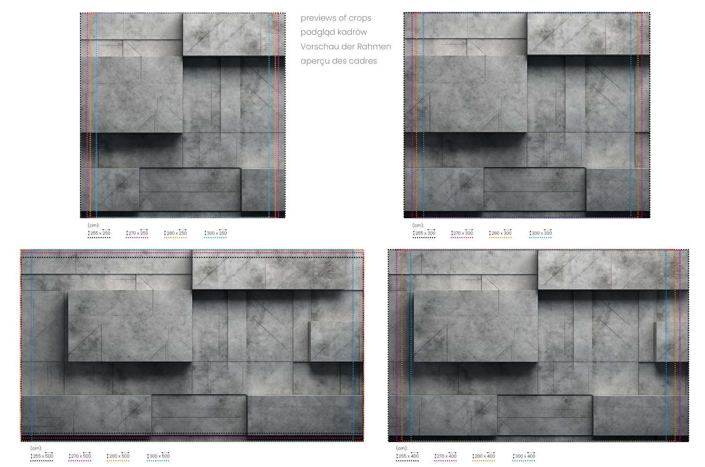 Na obrazie znajduje się prezentacja przykładowych rozmiarów fototapety o nazwie Concrete Blocks. Rozmiar fototapety jest dowolny.