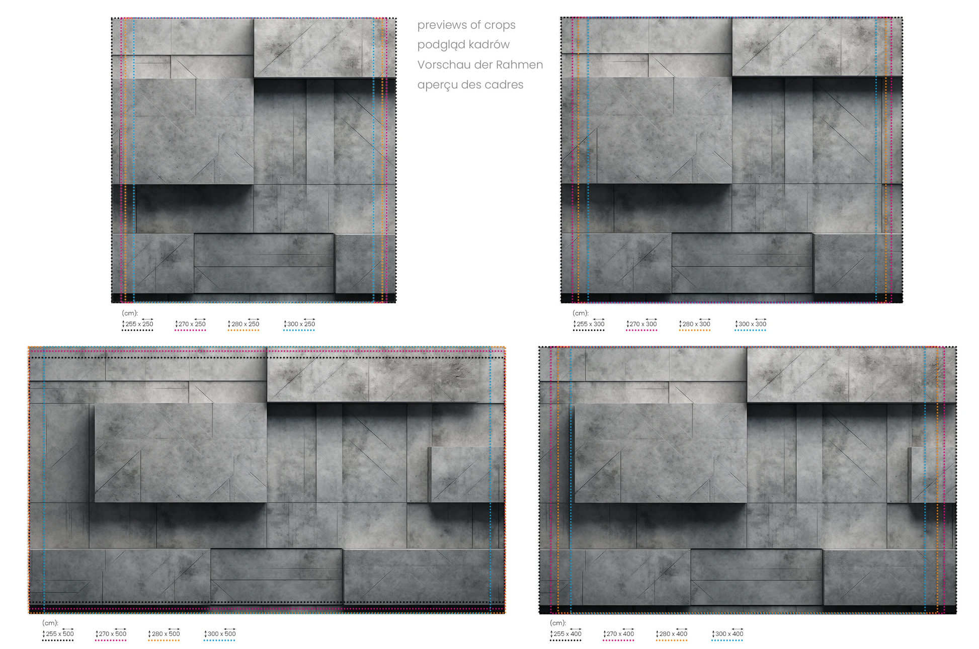 Na obrazie znajduje się prezentacja przykładowych rozmiarów fototapety o nazwie Concrete Blocks. Rozmiar fototapety jest dowolny.