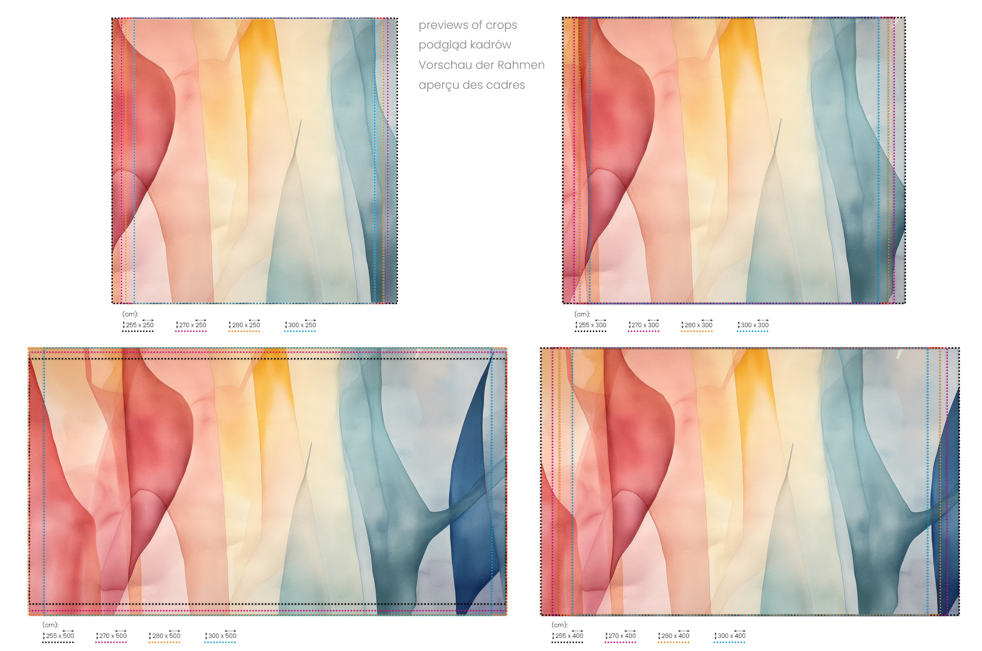 Na obrazie znajduje się prezentacja przykładowych rozmiarów fototapety o nazwie Dreamy Pastel. Rozmiar fototapety jest dowolny.