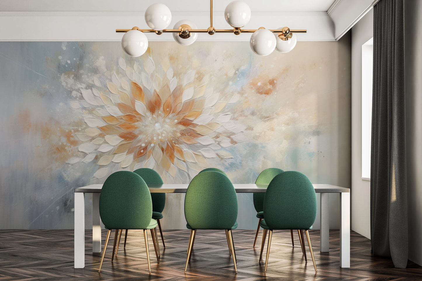 Wzór fototapety malowanej o nazwie Serene Lotus pokazanej w aranżacji wnętrza.