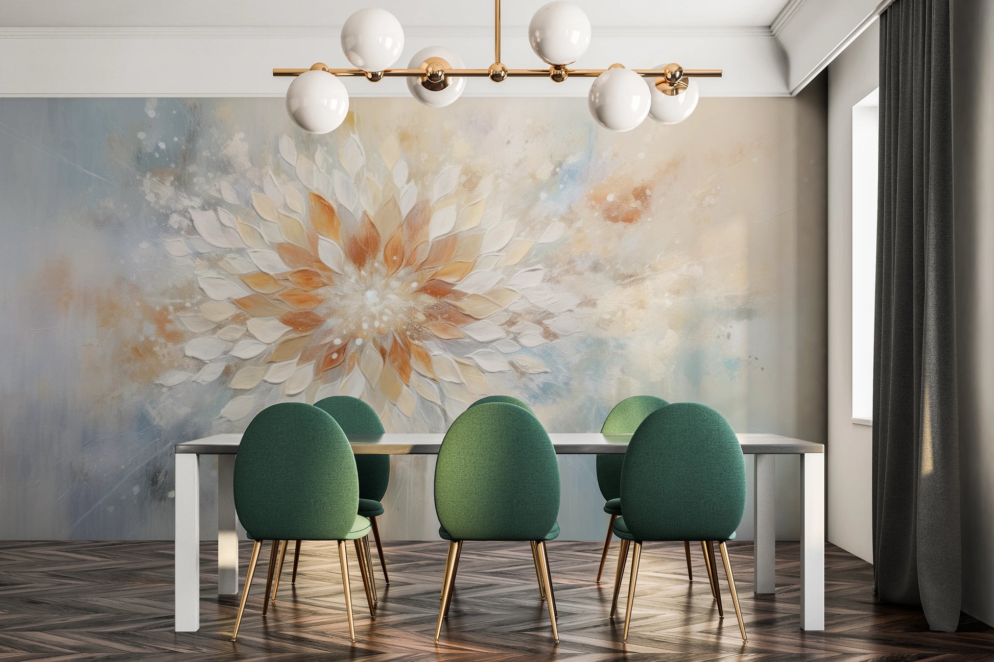 Wzór fototapety malowanej o nazwie Serene Lotus pokazanej w aranżacji wnętrza.