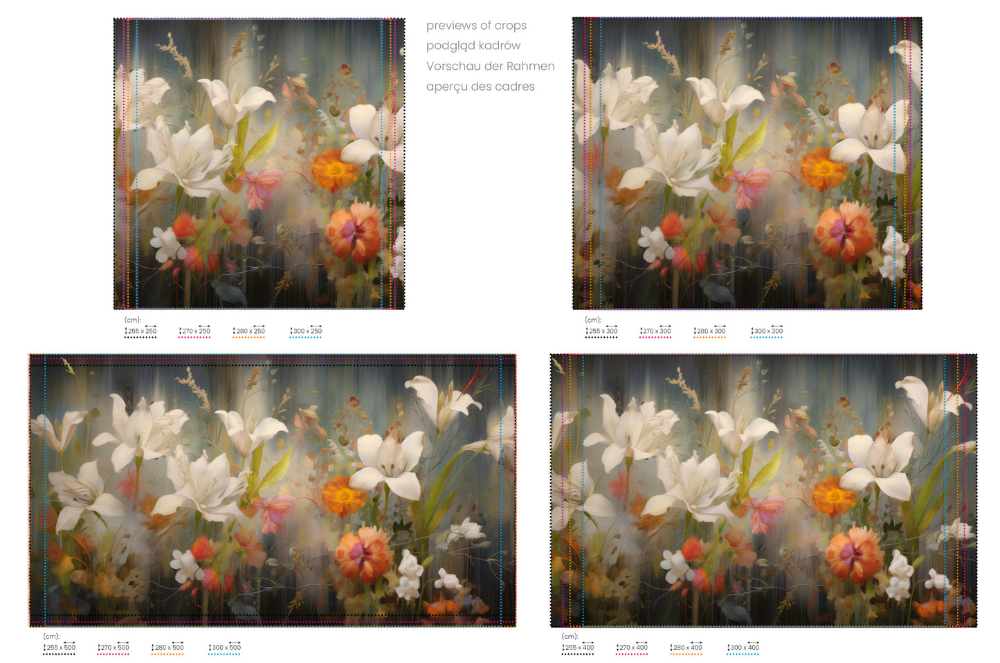 Na obrazie znajduje się prezentacja przykładowych rozmiarów fototapety o nazwie Vibrant Blossom Symphony. Rozmiar fototapety jest dowolny.