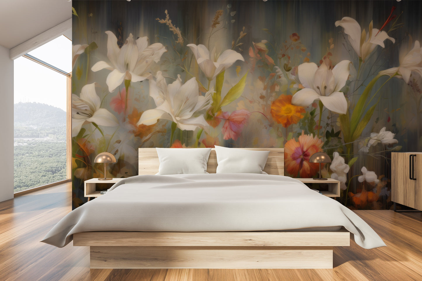 Wzór fototapety artystycznej o nazwie Vibrant Blossom Symphony pokazanej w aranżacji wnętrza.