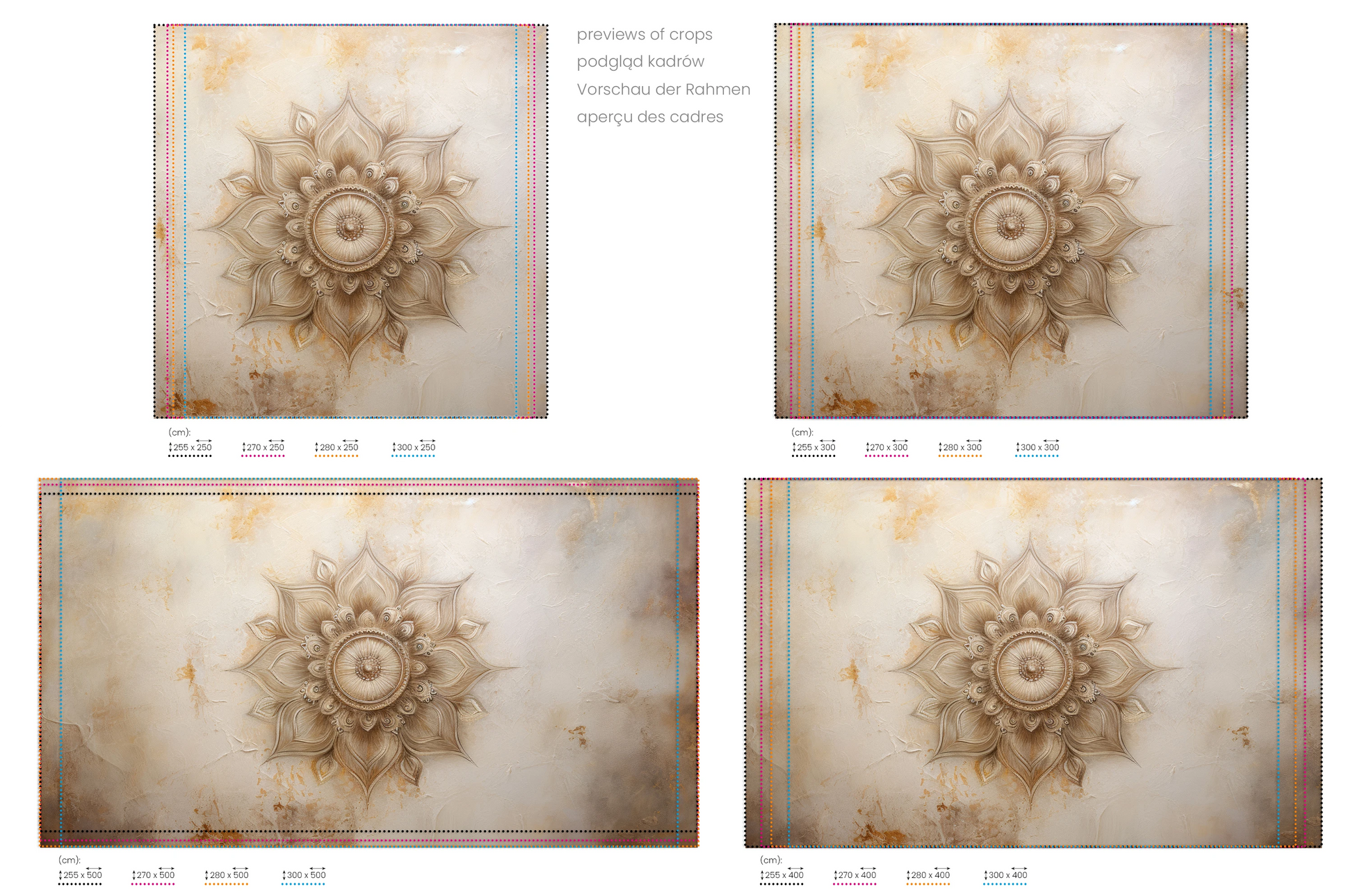 Na obrazie znajduje się prezentacja przykładowych rozmiarów fototapety o nazwie Golden Mandala. Rozmiar fototapety jest dowolny.