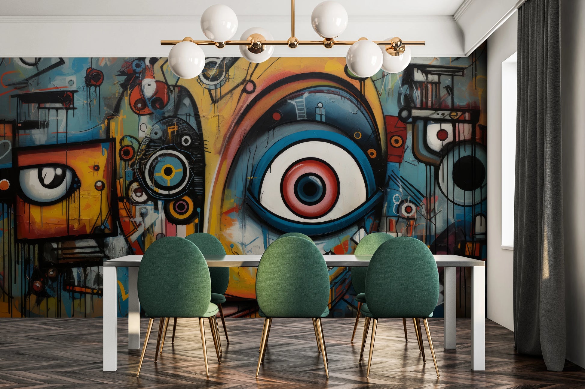Fototapeta malowana o nazwie Watchful Eyes pokazana w aranżacji wnętrza.