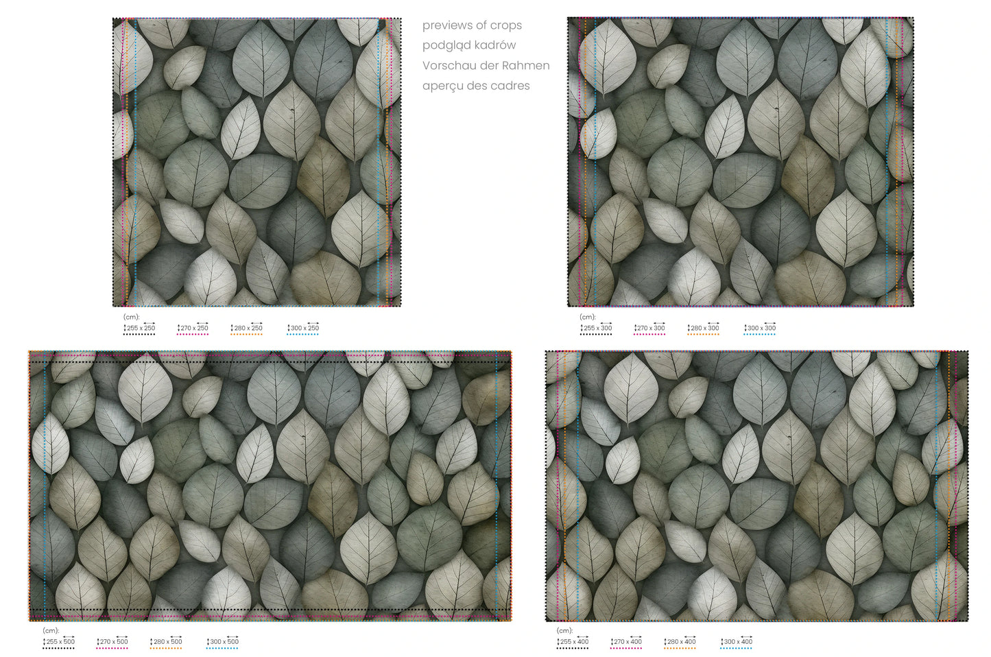Na obrazie znajduje się prezentacja przykładowych rozmiarów fototapety o nazwie Overlapping Nature. Rozmiar fototapety jest dowolny.