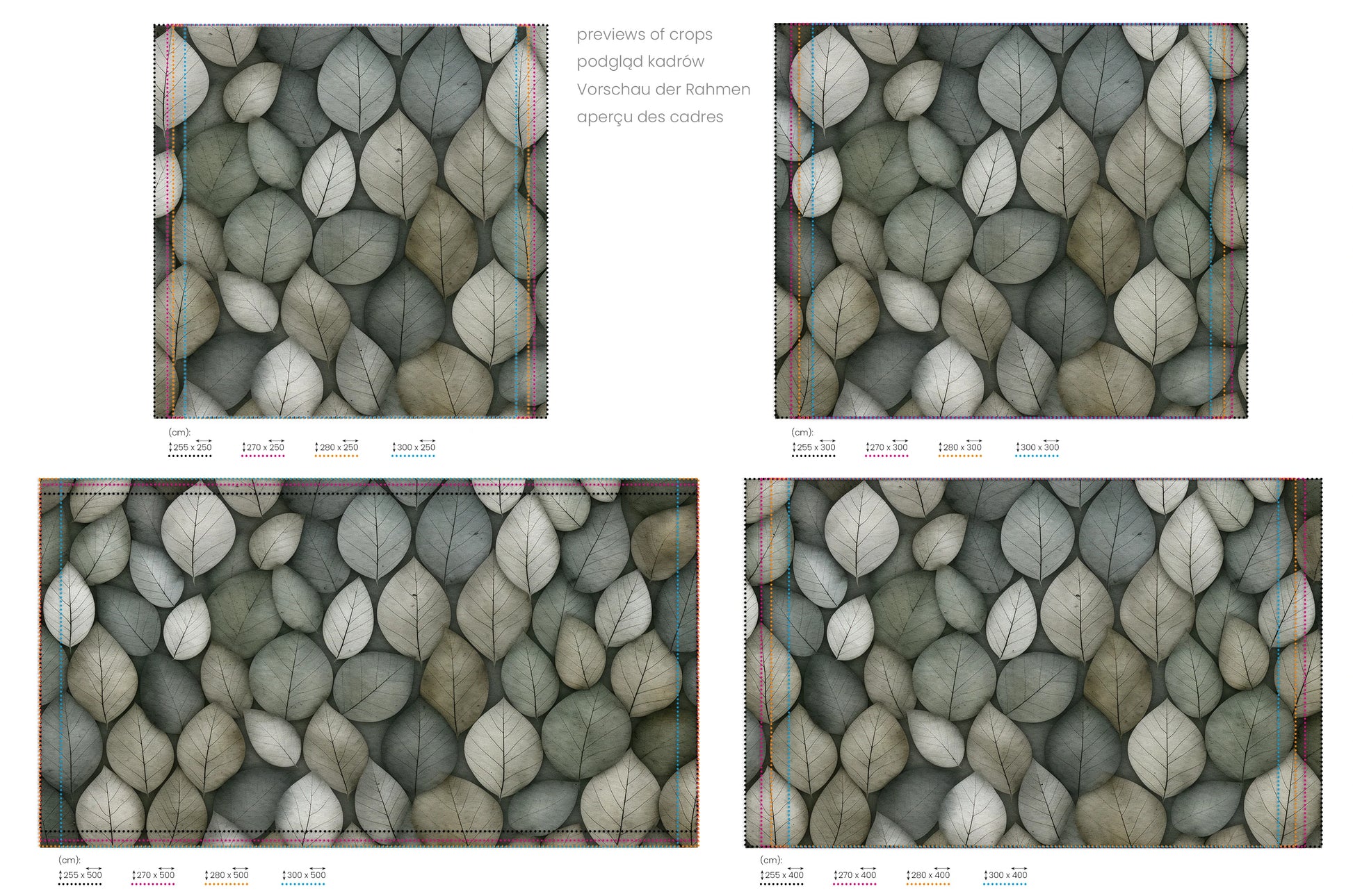 Na obrazie znajduje się prezentacja przykładowych rozmiarów fototapety o nazwie Overlapping Nature. Rozmiar fototapety jest dowolny.
