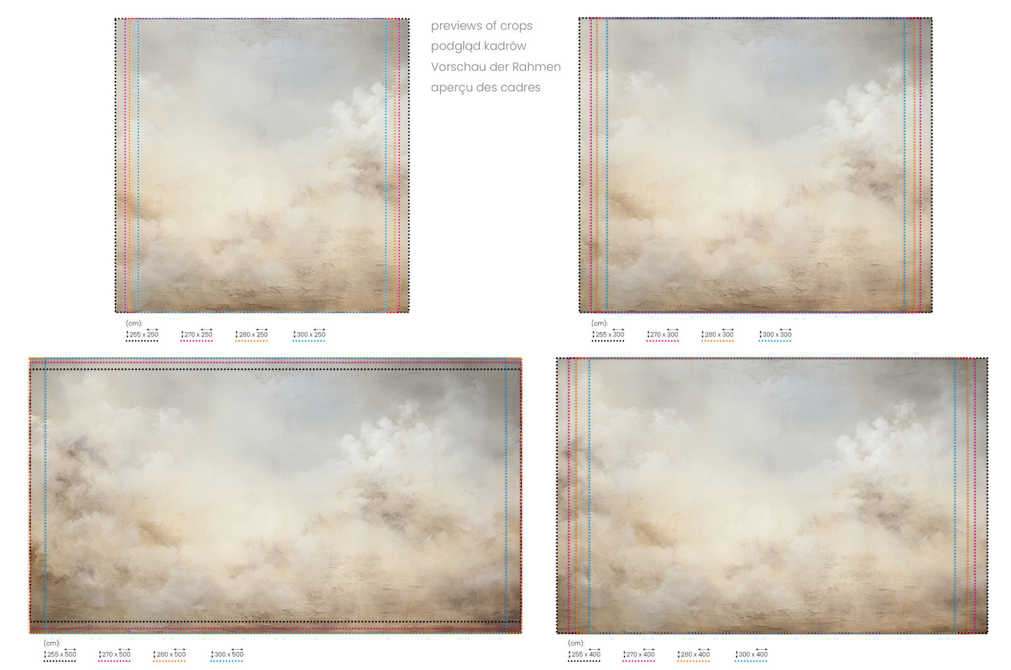 Na obrazie znajduje się prezentacja przykładowych rozmiarów fototapety o nazwie CUMULUS ECHOES MURAL. Rozmiar fototapety jest dowolny.